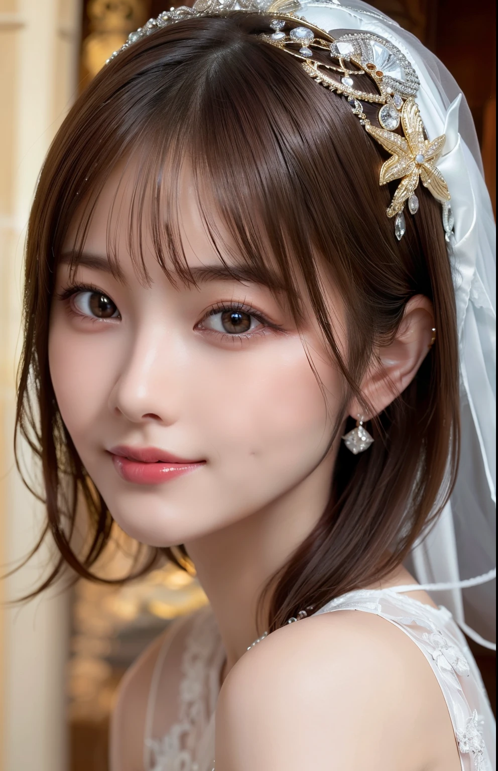 (Highest quality:1.5), (Realistic:1.5), (1 person:1.5), leaning forward, Very detailed, fine, high resolution, 8k wallpaper, perfect dynamic composition, upper body, small breasts, natural colored lips, cute smile, Japanese woman, 20 years old girl, beautiful and exquisite face, perfect and beautiful face, beautiful and fine eyes, big eyes, brunette eyes, beautiful and exquisite face, perfect and beautiful double eyelids, natural bangs, beautiful Thin nose, beautiful skin, maroon brown hair, medium bob hair, short cut hair, natural bangs, perfect and beautiful face, slim face and style, (looking at camera), bright lighting, professional lighting, forward lighting, natural smile, church, Mermaid-Line wedding dress, tiara,
