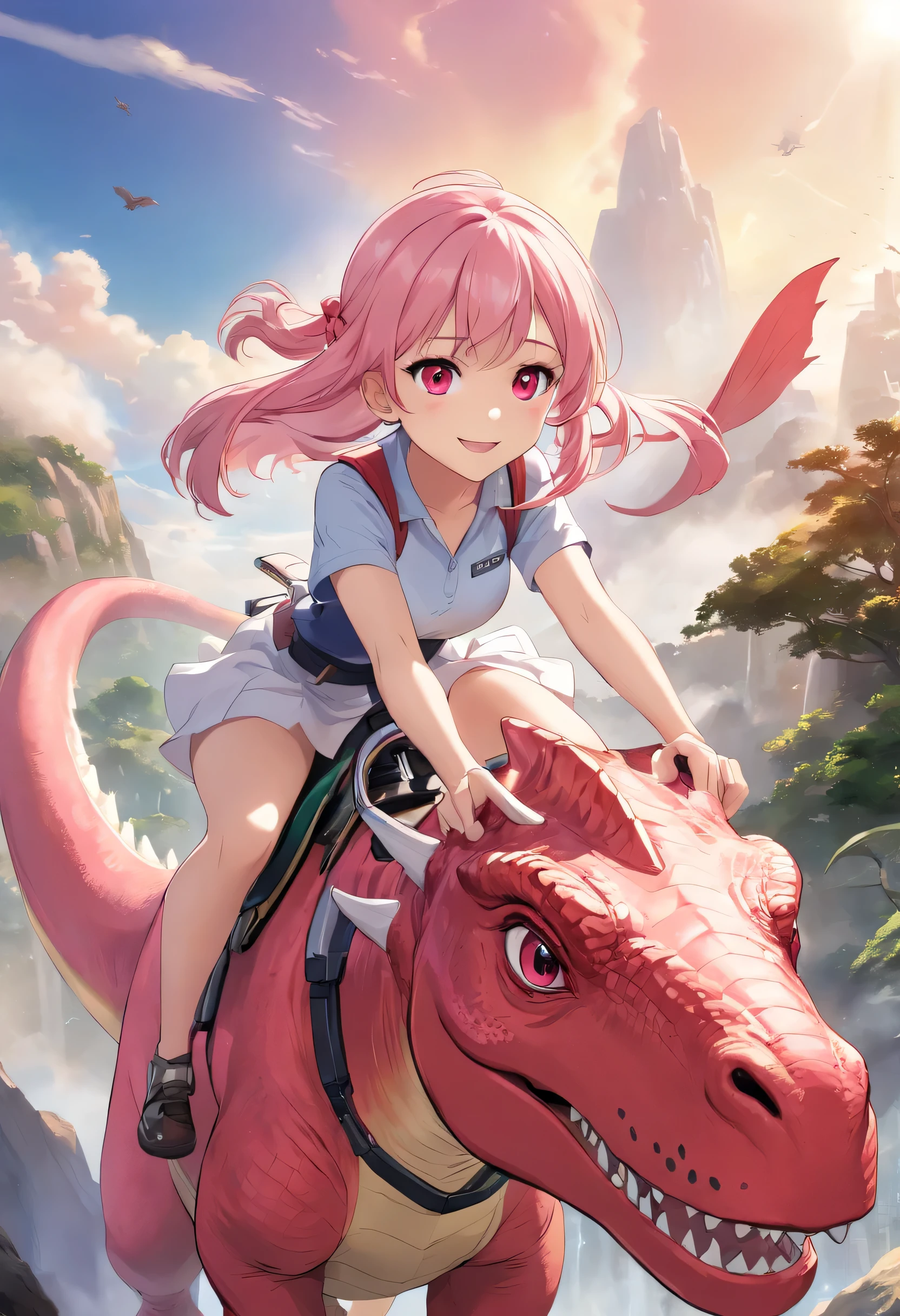 (((Cartoon drawing of a girl riding a red dinosaur)))，author：New Art, front cover of a new video game, Dragon Boar art, Official Fan Art, author：Shen Maoe, author：Shitao, Detailed fan art, Stone Age, Dragon Boar, (Dragon breathing fire from its mouth),Official Artワーク, I saw a giant dragon, Official Art,masterpiece, highest quality, High resolution, {Detailed and beautiful eyes}, finely,  Detailed and beautiful eyes,1 Girl, (alone:1.5),  (Hair Ribbon:0.4),(((Pink Eyes))),Cinematic Angles,perspective,(((White bun hair))),(((Long pink hair))),smile,Tama Kunimi riding a dinosaur,