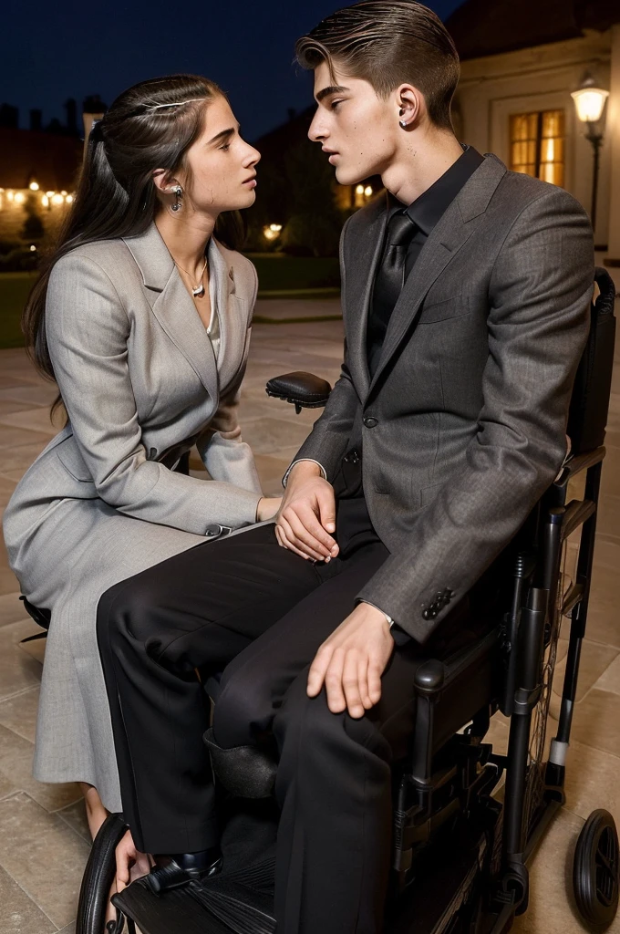 A (((19-year-old male, dominating and obsessive))), the heir of a powerful corporate family, seated in a (((wheelchair)), kissing a (((19-year-old female))), who exudes an air of composure and sophistication despite being cold, against a backdrop of a luxurious family mansion at night