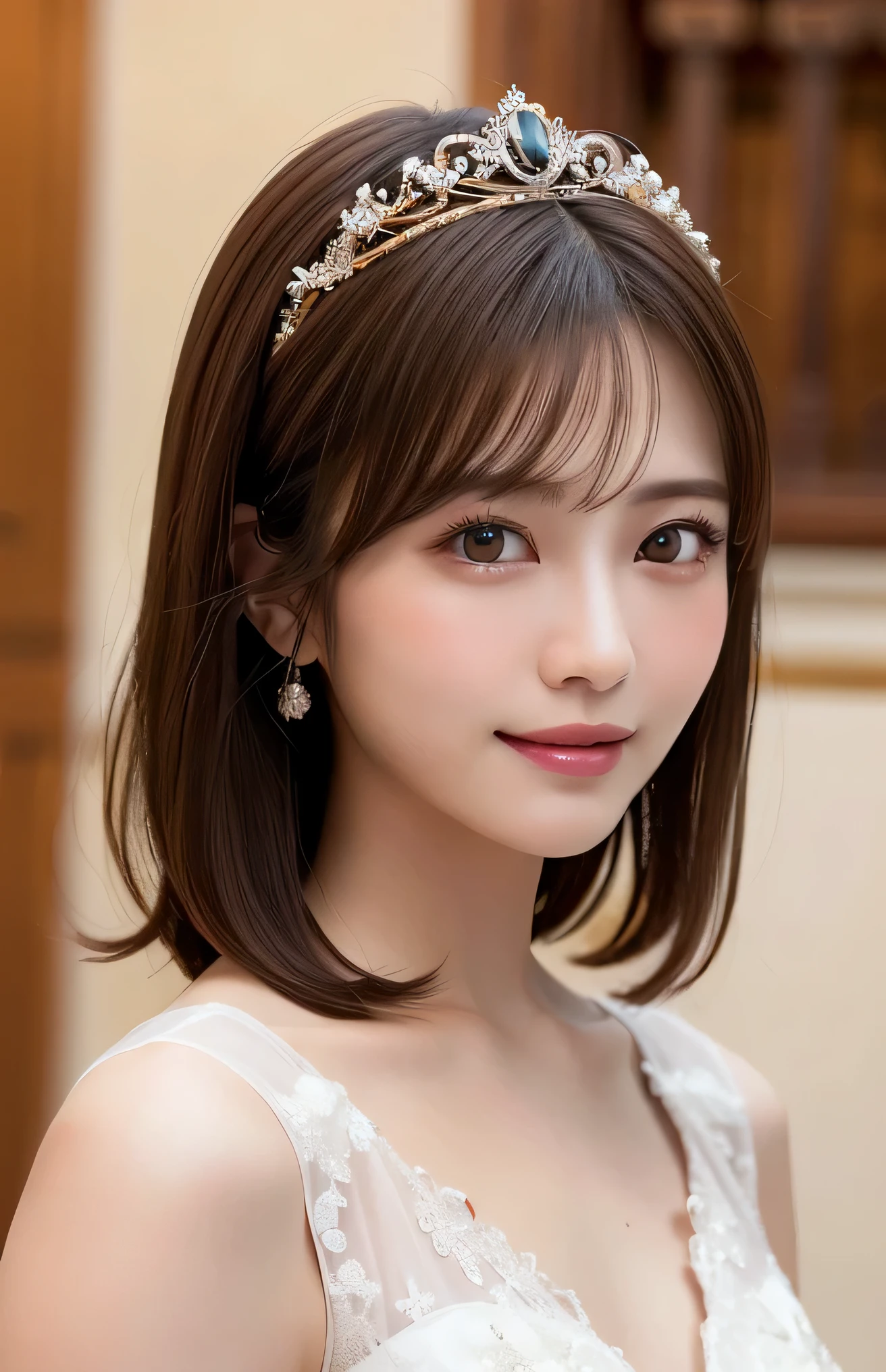 (Highest quality:1.5), (Realistic:1.5), (1 person:1.5), (medium shot), (profile), Very detailed, fine, high resolution, 8k wallpaper, perfect dynamic composition, small breasts, natural colored lips, cute smile, Japanese woman, 20 years old girl, beautiful and exquisite face, perfect and beautiful face, beautiful and fine eyes, big eyes, brunette eyes, beautiful and exquisite face, perfect and beautiful double eyelids, natural bangs, beautiful Thin nose, beautiful skin, maroon brown hair, medium bob hair, short cut hair, natural bangs, perfect and beautiful face, slim face and style, (looking at camera), bright lighting, professional lighting, forward lighting, natural smile, church, Mermaid-Line wedding dress, tiara,