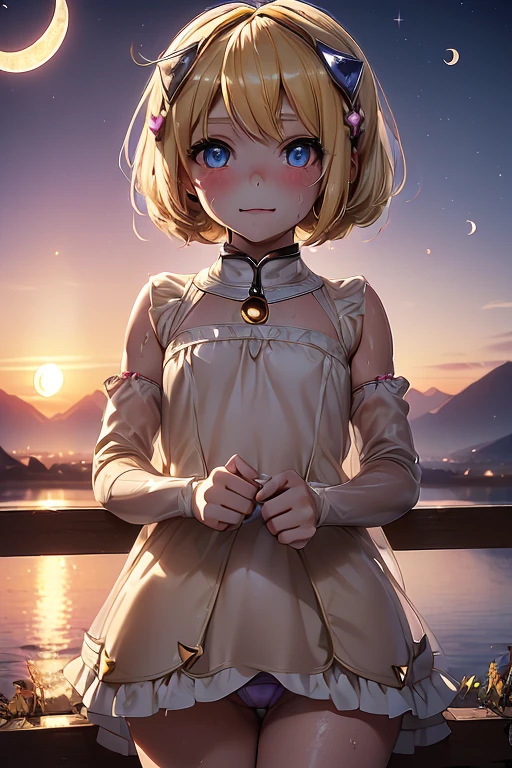 Photo of beautiful girl, masterpiece, 1 girl,
((8 ,LOLI-CON:1.5)),  Cyborg girl with blonde bob hair and blue eyes, (blonde bob hair:1.2),seductive smile, (crescent moon sunset:1.3), on the observatory, lakeside, mountains in the distance, (wet,sweating:1.2), (cowboy shot), (camel-toe:1.2) ,