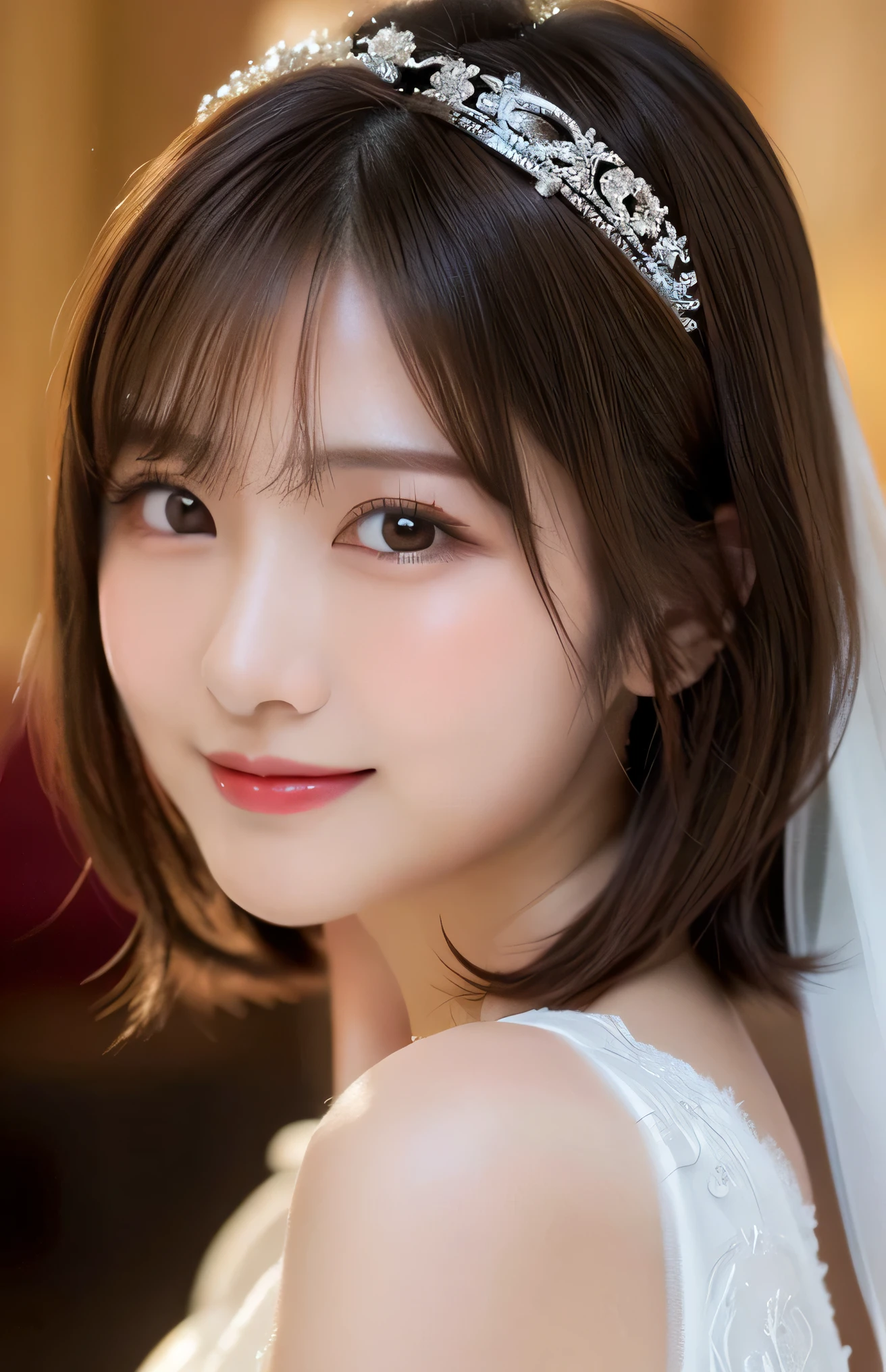 (Highest quality:1.5), (Realistic:1.5), (1 person:1.5), (medium shot), (profile), Very detailed, fine, high resolution, 8k wallpaper, perfect dynamic composition, small breasts, natural colored lips, cute smile, Japanese woman, 20 years old girl, beautiful and exquisite face, perfect and beautiful face, beautiful and fine eyes, big eyes, brunette eyes, beautiful and exquisite face, perfect and beautiful double eyelids, natural bangs, beautiful Thin nose, beautiful skin, maroon brown hair, medium bob hair, short cut hair, natural bangs, perfect and beautiful face, slim face and style, (looking at camera), bright lighting, professional lighting, forward lighting, natural smile, church, Mermaid-Line wedding dress, tiara,
