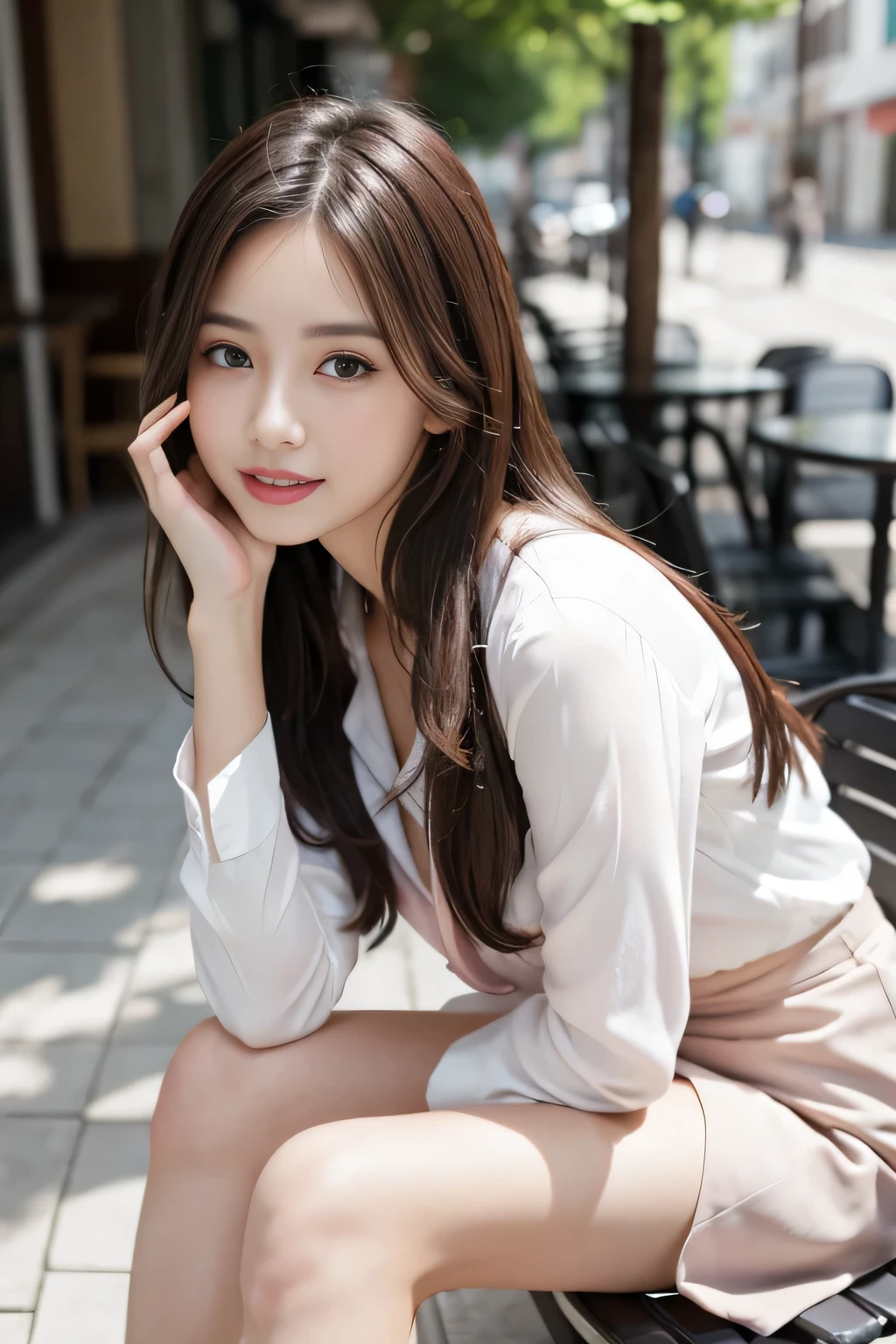 highest quality, Realistically, Very detailed, About pubic hair, High resolution, 8k wallpaper, One beautiful woman, Pink wet lips, Light brown messy hair, Wearing a suit, shirt, White Skirt, Lock focus, Perfect dynamic composition, Beautiful Eyes, Delicate Hair, Detailed Realistically skin texture, smile, Close-up portrait, Model Body Type, On the open terrace of the cafe, Blurred Background, (Full Body Shot), Take photos from a distance, Random body orientation,Sit on a chair、