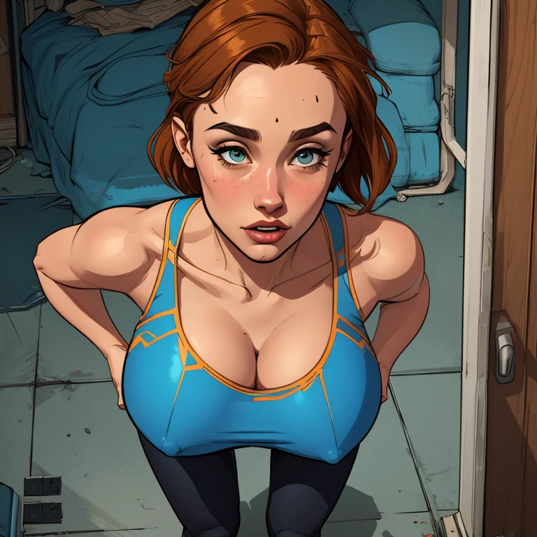 Ella Purnell style Cartoon style digital illustration style wearing Fallout 4 uniform shelter 33 sexy outfits varied top and bottom perspectives