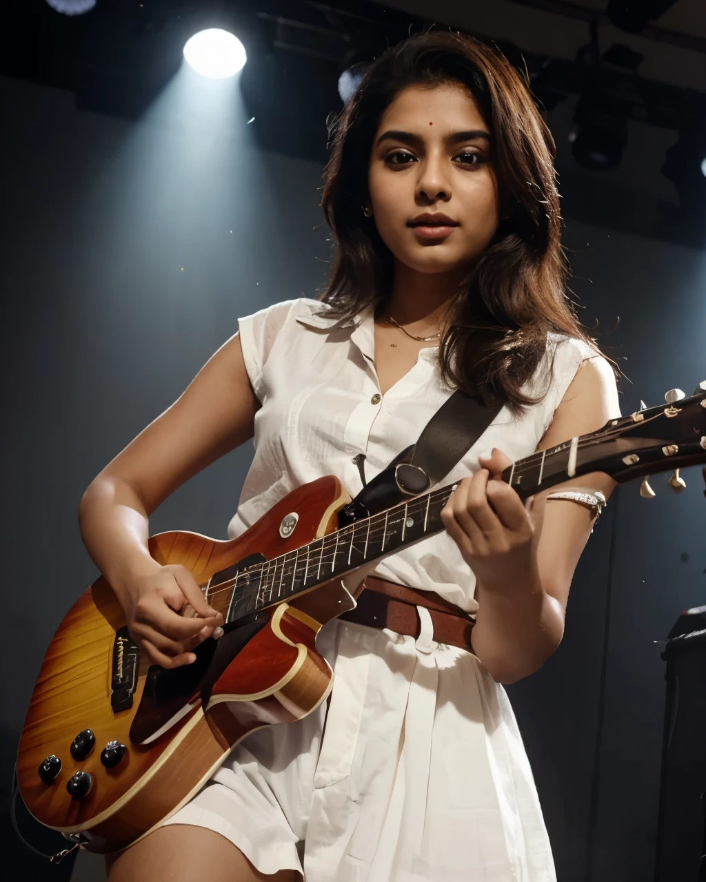Tanvi stylishly playing a guitar on stage. Best quality, realistic image.