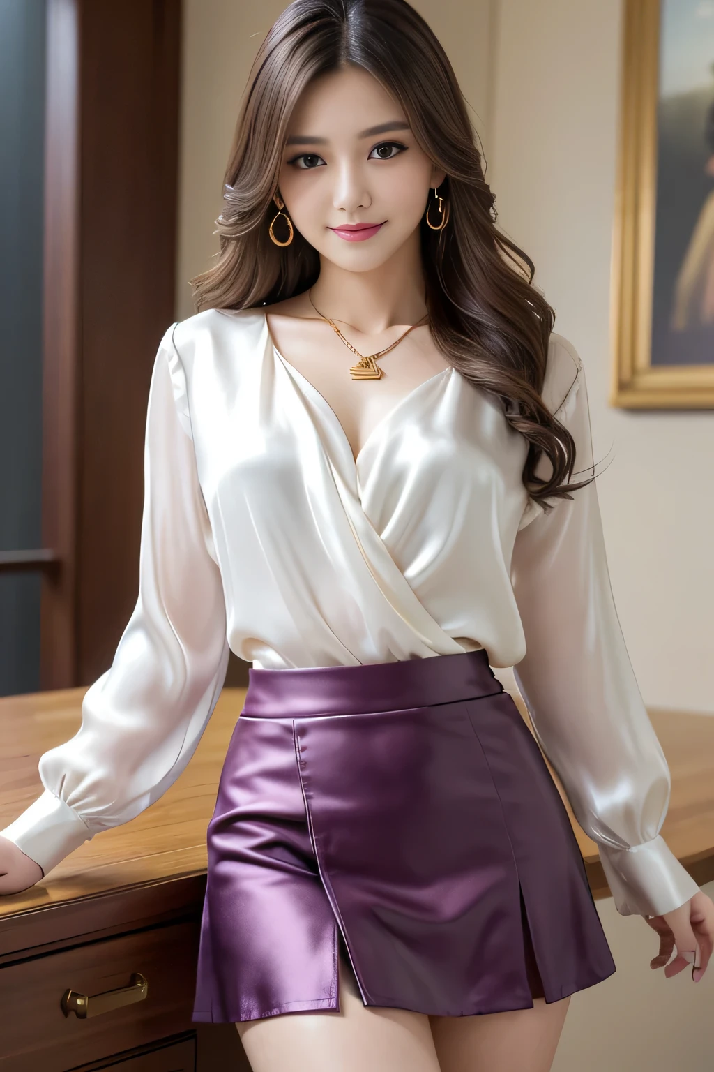 Tabletop, highest quality, Realistic, Very detailed, finely, High resolution, 8k wallpaper, One beautiful woman,, Sharp focus, Perfect dynamic composition, Beautiful and detailed, Thinning hair, Detailed Realistic skin texture, smile, Close-up portrait, Model Body Type、president'secretary、mini skirt、High heels、whole body、suit,((brown semi-long hair:1.2))((Gentle inward wavy hair:1.2)),((Gold Necklace_Big earrings:1.2)),((shy smile:1.3)),((Blouse and skirt, Wearing a white silk blouse,Please wear a white shirt and a dark purple skirt.:1.3)), 、whole bodyショット、((Standing whole body figure supermodel, whole bodyがフレーム内に収まる))、In a luxurious room、