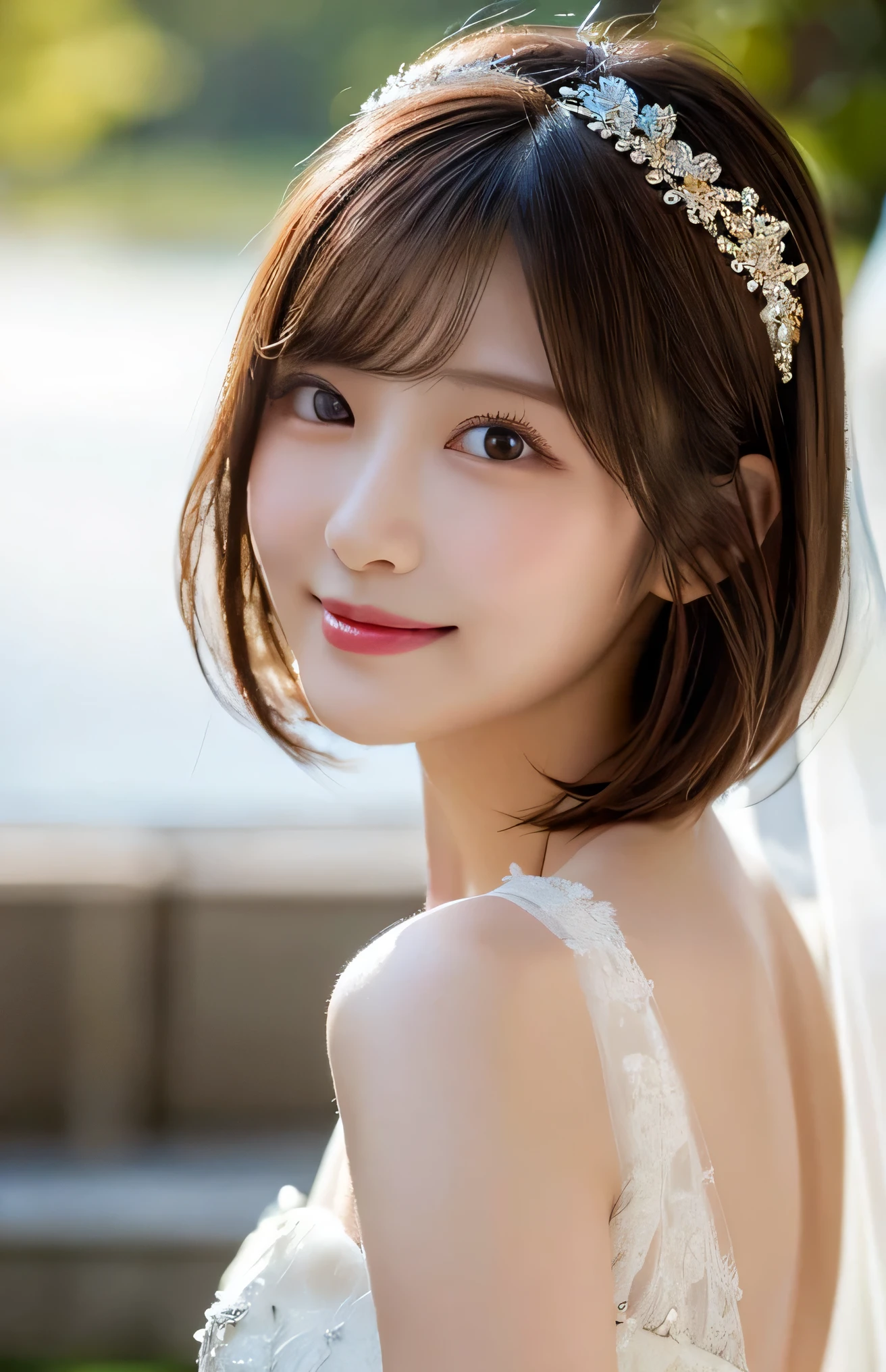 (Highest quality:1.5), (Realistic:1.5), (1 person:1.5), (medium shot), (profile), Very detailed, fine, high resolution, 8k wallpaper, perfect dynamic composition, small breasts, natural colored lips, cute smile, Japanese woman, 20 years old girl, beautiful and exquisite face, perfect and beautiful face, beautiful and fine eyes, big eyes, brunette eyes, beautiful and exquisite face, perfect and beautiful double eyelids, natural bangs, beautiful Thin nose, beautiful skin, maroon brown hair, medium bob hair, short cut hair, natural bangs, perfect and beautiful face, slim face and style, (looking at camera), bright lighting, professional lighting, forward lighting, natural smile, church, Mermaid-Line wedding dress, tiara,
