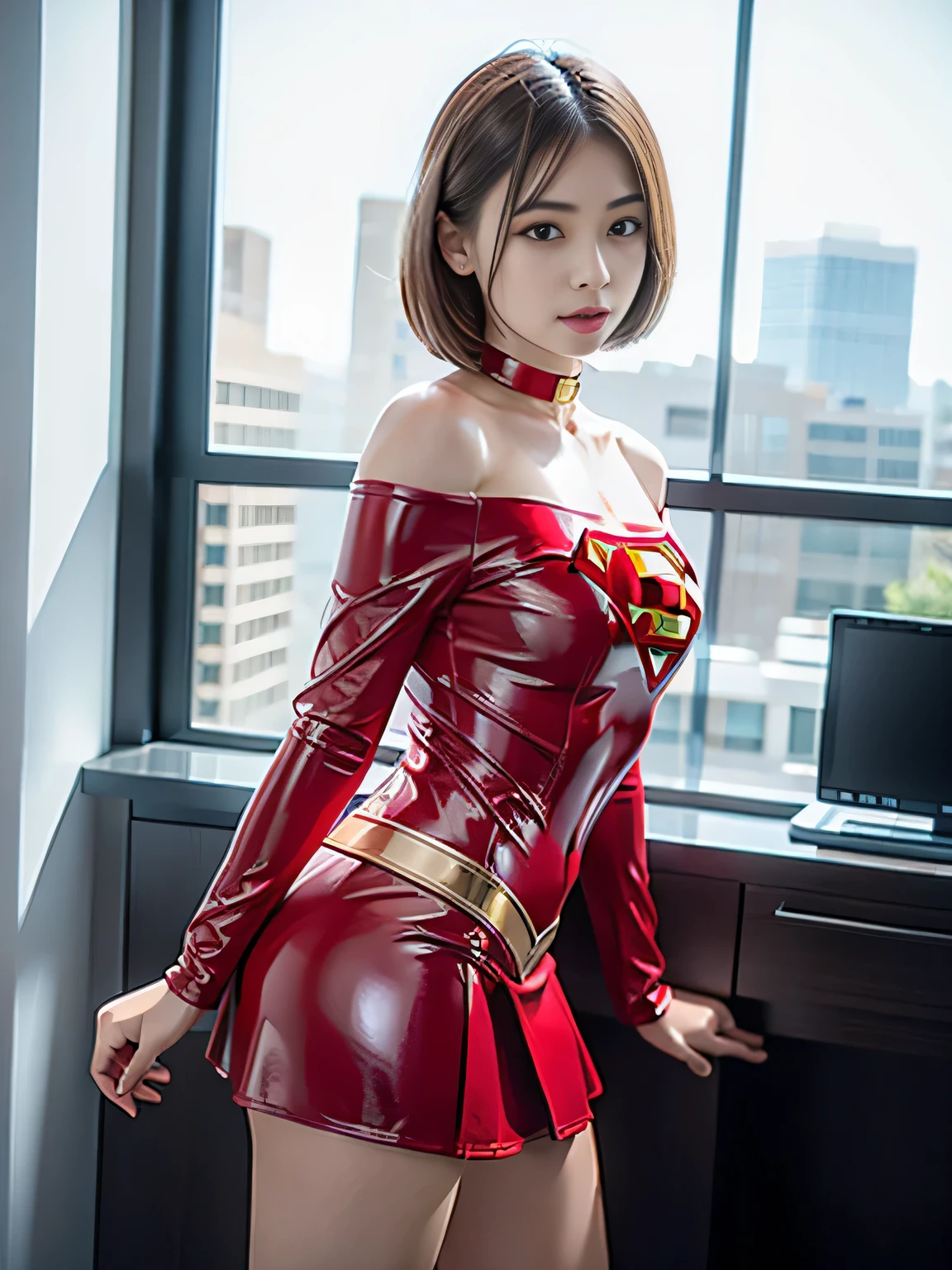 masterpiece、Shorthair Supergirl、centralized treatment room、operating table、Big and ample breasts、Red mini skirt、barefoot、Looking at the camera、Shiny Costumes、Off the shoulder、Long sleeve、Please put your hands on your hipodel Body Type、latex、
