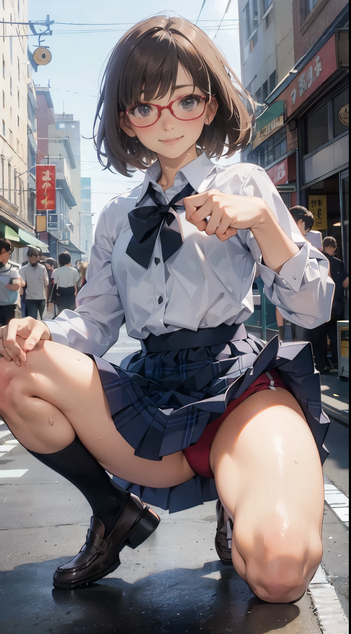 (super flat, flat shading), Honors Type, Really blushing, , high school girl, wearing long sleeve shirt and plaid pleated mini skirt, Short bob cut brown hair, Glasses, sweaty healthy body, mesugaki smile, bare legs, loafers, ultra realistic, early morning, breeze skirt lift, (spread legs:1.0), (dynamic pose), in crowded street,