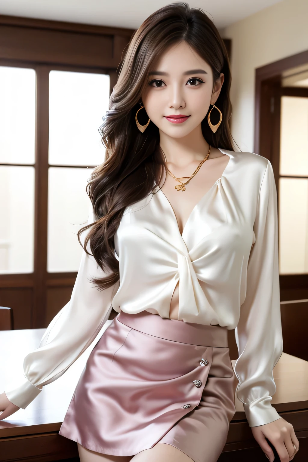 Tabletop, highest quality, Realistic, Very detailed, finely, High resolution, 8k wallpaper, One beautiful woman,, Sharp focus, Perfect dynamic composition, Beautiful and detailed, Thinning hair, Detailed Realistic skin texture, smile, Close-up portrait, Model Body Type、president'secretary、mini skirt、High heels、whole body、suit,((brown semi-long hair:1.2))((Gentle inward wavy hair:1.2)),((Gold Necklace_Big earrings:1.2)),((shy smile:1.3)),((Blouse and skirt, Wearing a white silk blouse,Please wear a white shirt and a dark purple skirt.:1.3)), 、whole bodyショット、((Standing whole body figure supermodel, whole bodyがフレーム内に収まる))、In a luxurious room、