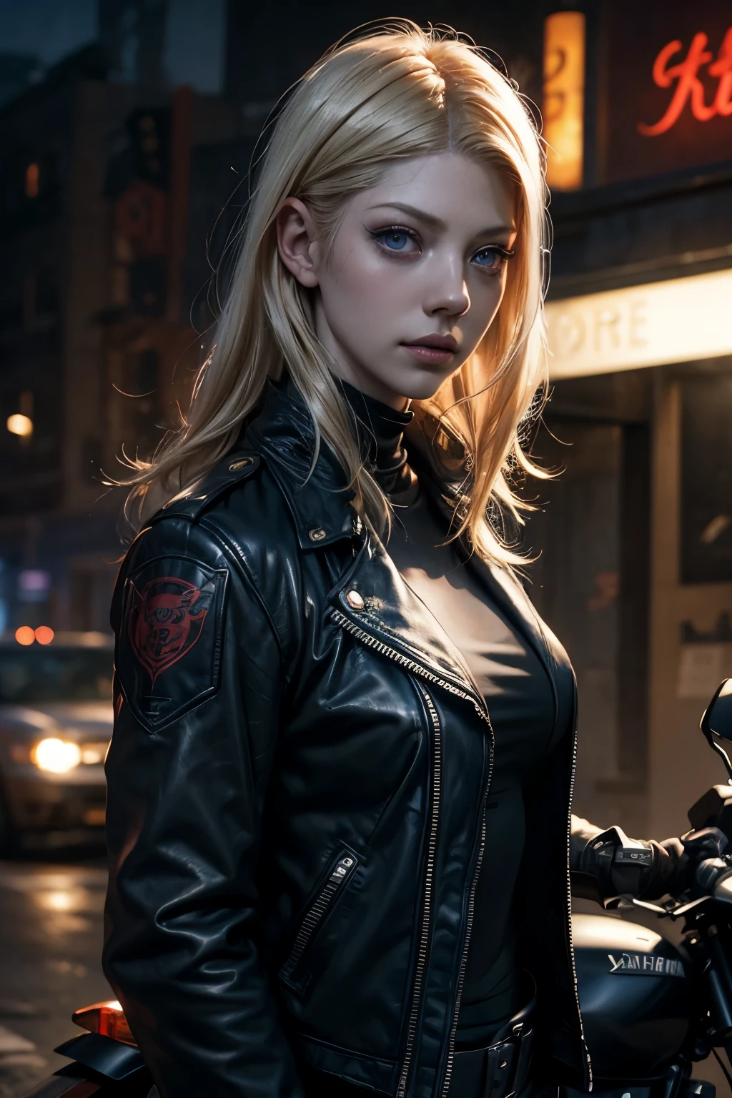 blonde short hair, vibrant blue eyes, white pale skin, ((Katheryn Winnick)), portrait, full leather clothes, biker clothes, thin nose, thin chin, dark night scene, harley motorbike, High detail RAW colored art, (detailed skin, skin texture), (muscle), intricate details, fine details, hyperdetailed, ray tracing, subsurface scattering, diffuse soft lighting, red and blue spotlight, by Jeremy Mann, Greg Manchess, Antonio Moro, trend at ArtStation, trend at CGSociety, Intricate, High Detail, Sharp focus, dramatic and photorealistic painting art by midjourney, bokeh in the background, motorclub jacket, best quality, masterpiece, only 1girl, halfbody portrait, night dark ambient, look at the viewer, leather jacket, leather clothes, night road, 
