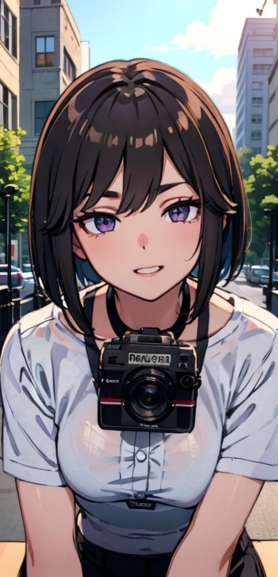 RAW photos, camera gaze, ((top quality, 8k, masterpiece: 1.3)), sharp focus: 1.2, white shirt, pretty features, best smile, cute smile, beautiful woman in perfect style: 1.4, slender abs: 1.2, dark brown hair, (natural light, city street: 1.1), highly detailed face and skin texture, detailed eyes, double eyelids