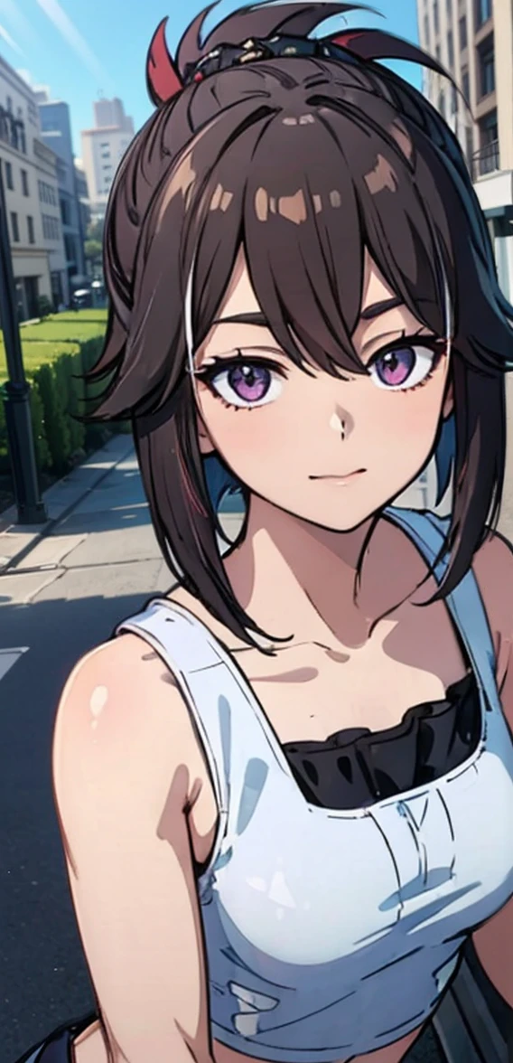 RAW photos, camera gaze, ((top quality, 8k, masterpiece: 1.3)), sharp focus: 1.2, white shirt, pretty features, best smile, cute smile, beautiful woman in perfect style: 1.4, slender abs: 1.2, dark brown hair, (natural light, city street: 1.1), highly detailed face and skin texture, detailed eyes, double eyelids