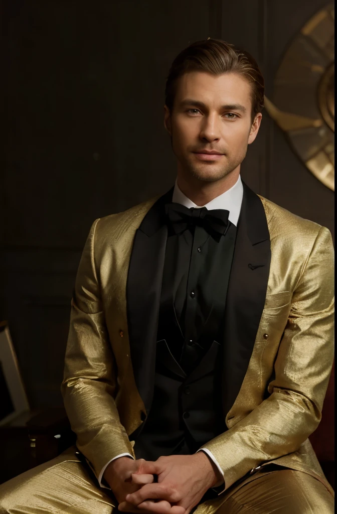 handsome 40 year old desirable caucasian man with distinguished features, athletic build, tall height, light brown medium length hair, clean cut haircut, shaved face, (intriguing green eyes), seductive smile with a gentle expression, wearing a black tuxedo jacket, wearing a gold bejeweled crown, sitting on a throne, detailed depiction of facial features, perfectly symmetrical face, crisp details, ultra-fine rendering, studio lighting which masterfully accentuates his excellent features,