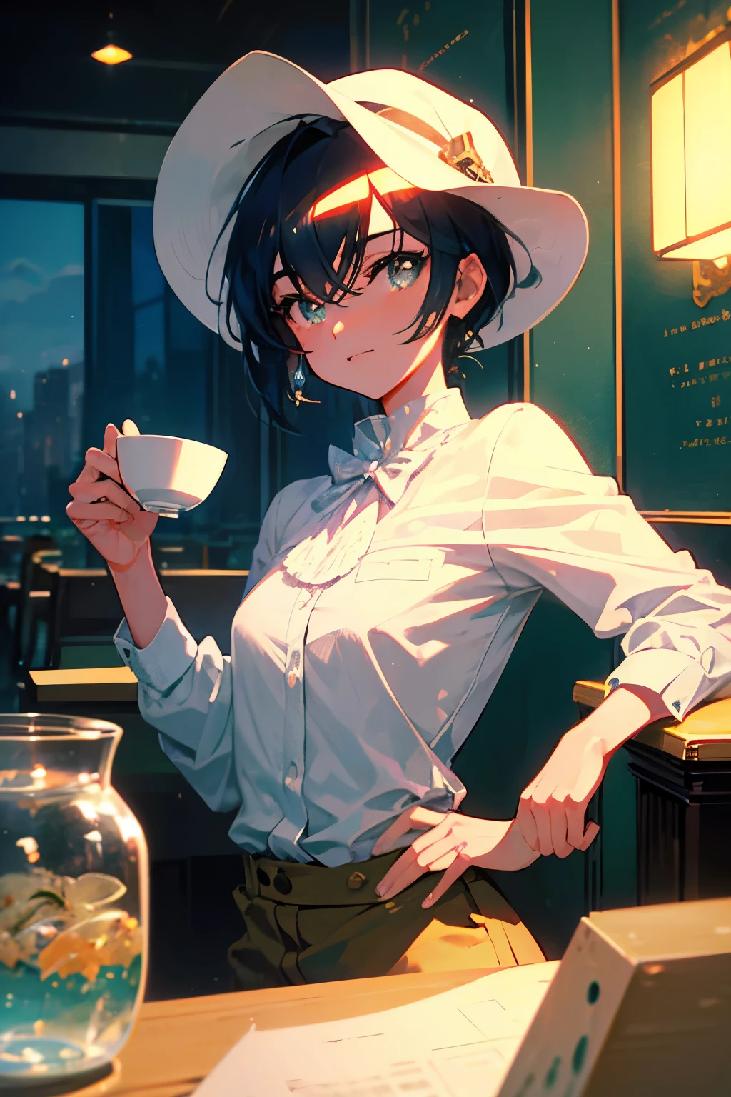 Create exquisite illustrations reminiscent of Makoto Shinkai's style, It has ultra-fine details and top-notch quality. Create a high-quality illustration featuring a beautiful boy enjoying a cup of coffee in a nostalgic, Retro café. The illustration should evoke a strong sense of nostalgia, with intricate details and meticulous attention to every element. From the vintage decor of the café to the expression on the boy's face, every aspect should be carefully crafted to immerse the viewer in a nostalgic atmosphere. best quality, masterpiece, expressive eyes, gorgeous, vivid, perfect face, smile, happyness, 2eyes, emotion, detailed pupils, vivid pupils,stunning, life, relfection, peace, warm, compsition, artistic, 4k, wallpaper, bonnet, wind, glowing eyes