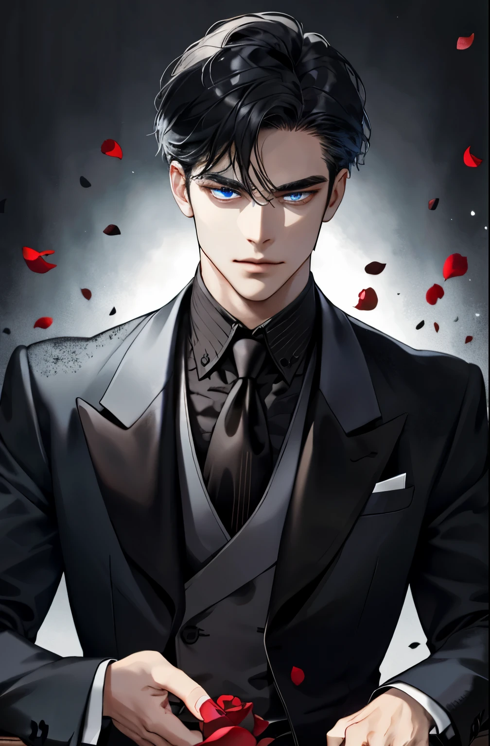 Sitting in the dimly lit room, there's an old man wearing a black suit and black jacket, the tuxedo's shiny fabric reflecting the scant light. A red rose rests in the lapel of his jacket, its petals softly cradled in his hand. (Close-Up: 1.0) His face, sharply focused (face_focus: 1.0), lines etched deep, reveals intense blue eyes, and a brow adorned with a distinguished brown watch.

(Upper_body: 1.0) The atmosphere is thick with secrecy, his closed mouth (closed mouth: 1.0) emanating a sense of mystery. The