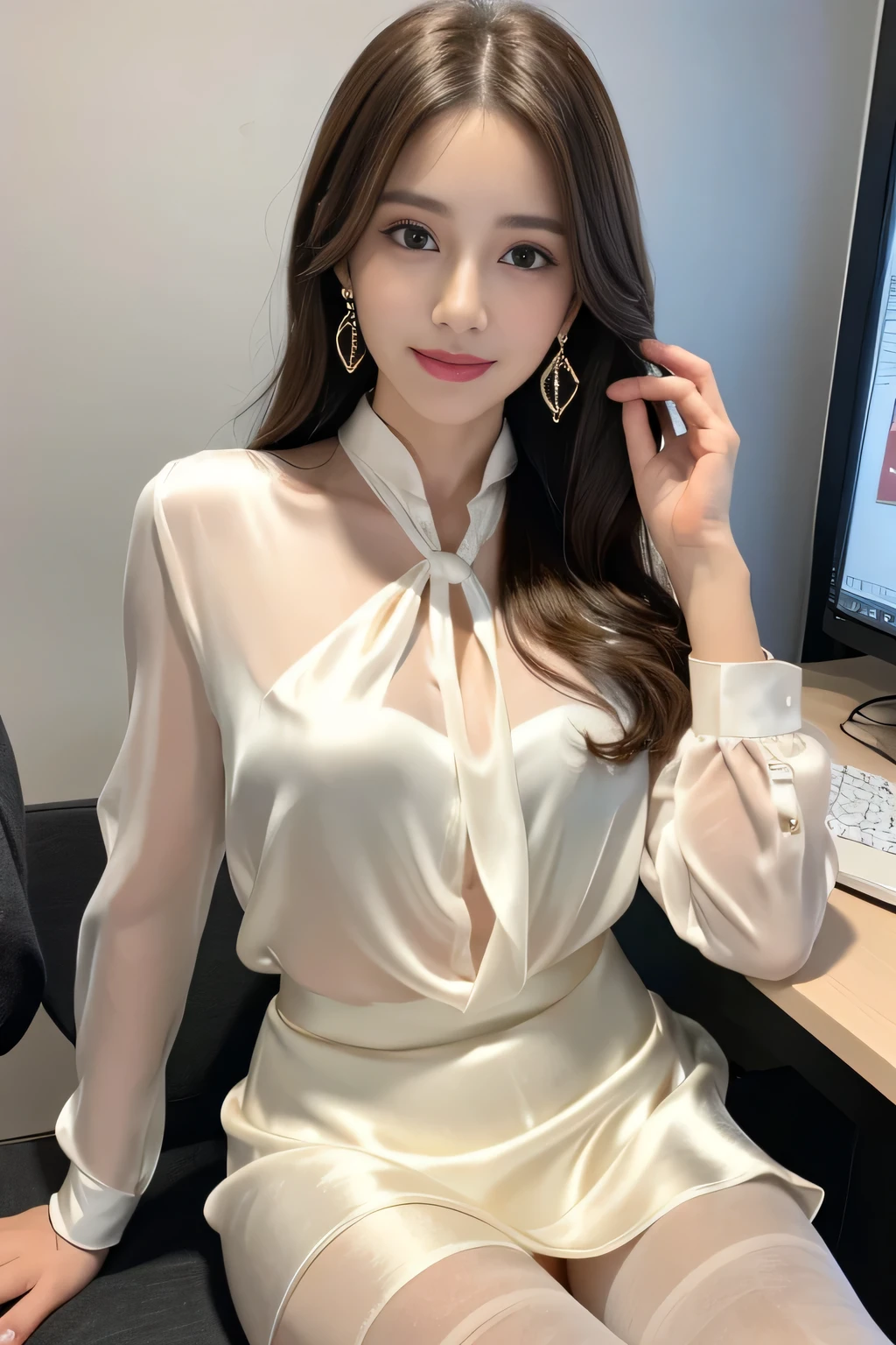 Uruchan-6500-v1.1, (RAW Photos:1.2), (Photorealistic), (See-through:1.3), (Genuine:1.4), 1With a girl、Age 25、game_Hmph, Big Eye(eye), A shy smile、brown semi-long hair、Curly Hair、pretty girl、(Elegant white silk blouse:1.3), (Ultra-realistic pantyhose:1.2), (mini skirt:1.2), sit in an office and work at a desk、Realistic skin texture、Shiny skin、Big earrings、Thin lips