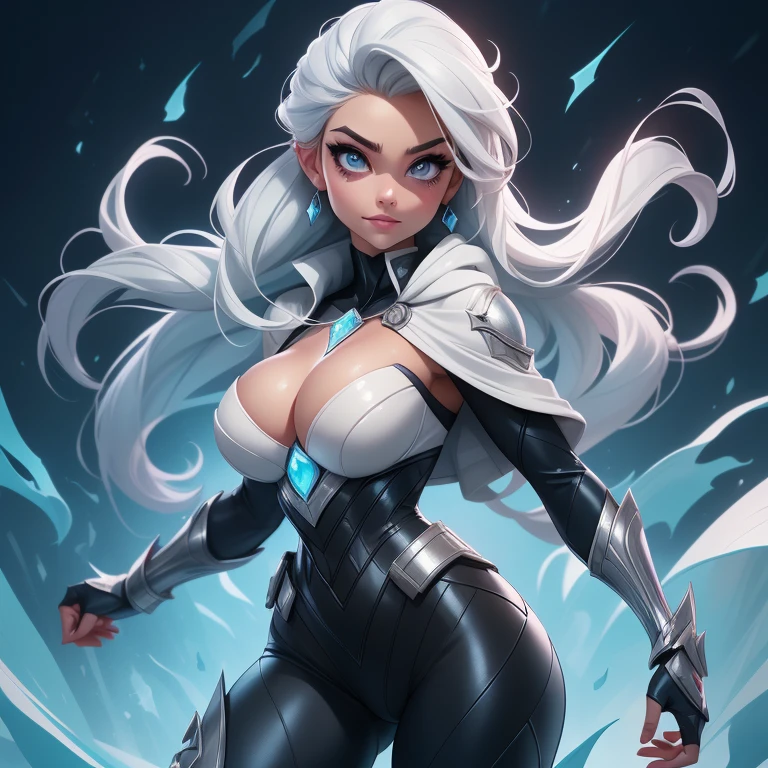 Elsa and Spider-Man merge, Hero Clothes, Elsa's white hair, melt, 1 Girl, (Sagging breasts、Cleavage, cleveage、Thick thighs)), Perfect body, )Latex tights, fair, (Main Part:1.2), (better quality:1.2), ((Fighting Stance)), ((battlefield)), cinematic, Perfect eyes, Perfect skin, Perfect lighting, Smile, Light, Cole, Textured Skin, detail, beauty, Want to know, Super detailed, Perfect face shape