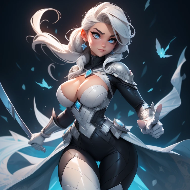 Elsa and Spider-Man merge, Hero Clothes, Elsa&#39;s white hair, melt, 1 Girl,  (Sagging breasts、Cleavage, cleveage、Thick thighs)), Perfect body, )Latex tights, fair, (Main Part:1.2), (better quality:1.2), ((Fighting Stance)), ((battlefield)), cinematic, Perfect eyes, Perfect skin, Perfect lighting, Smile, Light, Cole, Textured Skin, detail, beauty, Want to know, Super detailed, Perfect face shape