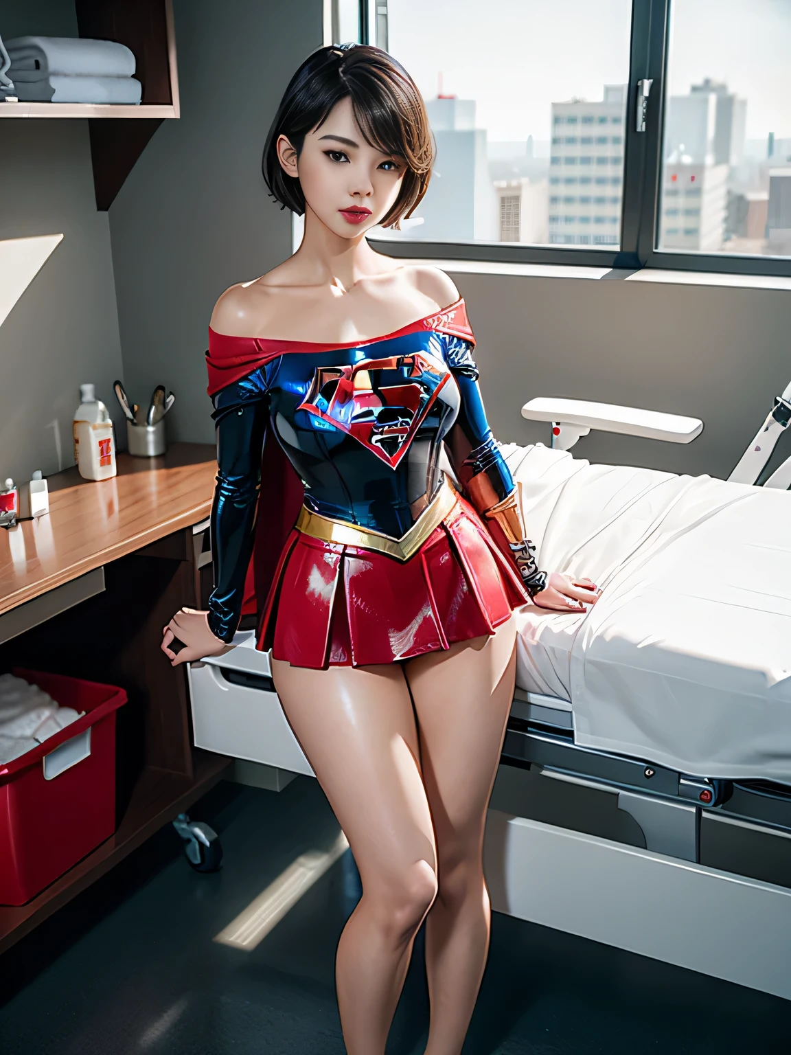 masterpiece、Shorthair Supergirl、centralized treatment room、operating table、Big and ample breasts、Red mini skirt、barefoot、Looking at the camera、Shiny Costumes、Off the shoulder、Long sleeve、Please put your hands on your hipodel Body Type、latex、