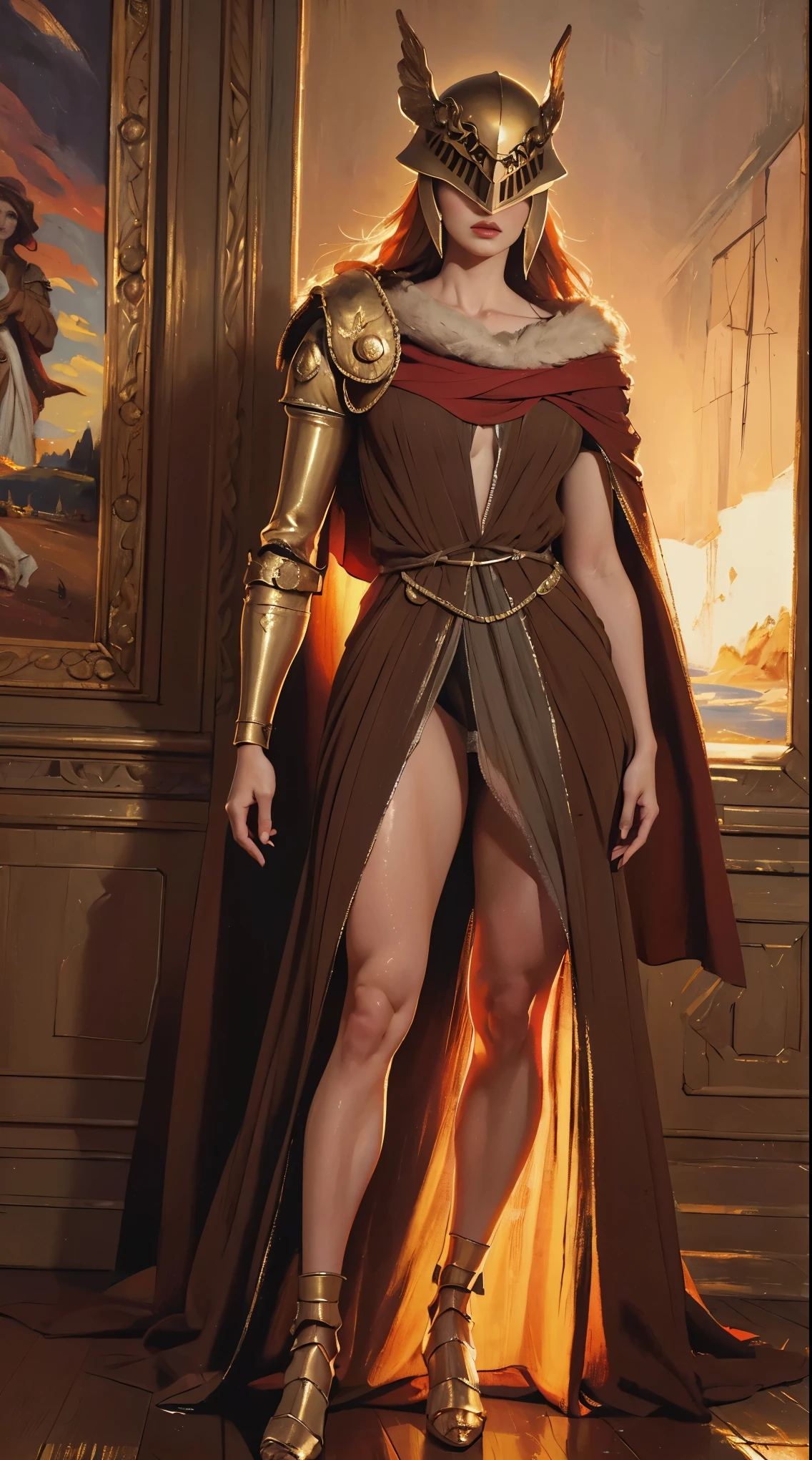 Highly detailed, High Quality, Masterpiece, beautiful, 1girl, prothestic leg, single mechanical arm, prosthesis, MaleniaDef, armor, cape, helmet, brown dress, full body,(AOC:1.1), braga, from panoramic, hunched over, wide hips, thick thighs, oil painting, by Sargent, (best quality,4k,8k,highres,masterpiece:1.2), ultra-detailed, (realistic,photorealistic,photo-realistic:1.37), portraits, warm color palette, soft lighting.