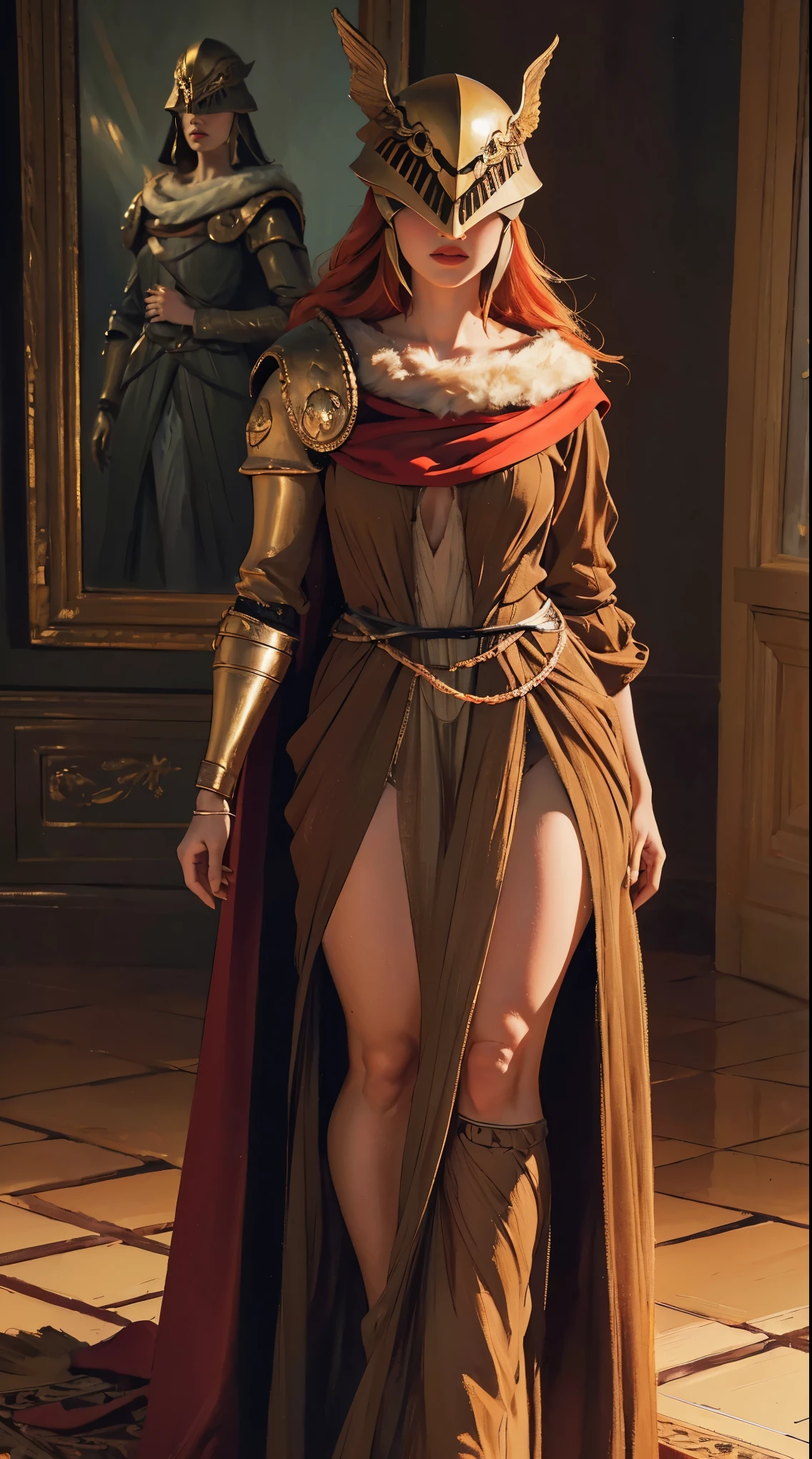 Highly detailed, High Quality, Masterpiece, beautiful, 1girl, prothestic leg, single mechanical arm, prosthesis, MaleniaDef, armor, cape, helmet, brown dress, full body,(AOC:1.1), braga, from panoramic, hunched over, wide hips, thick thighs, oil painting, by Sargent, (best quality,4k,8k,highres,masterpiece:1.2), ultra-detailed, (realistic,photorealistic,photo-realistic:1.37), portraits, warm color palette, soft lighting.