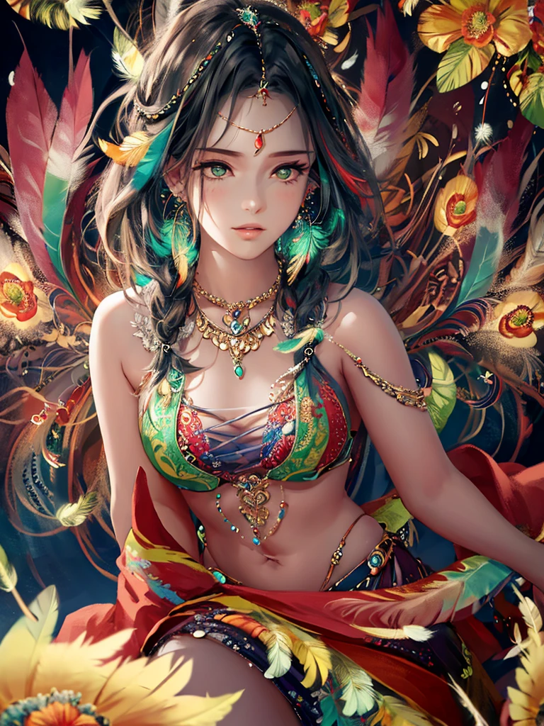 (masterpiece, top quality, Best quality, official art, beautiful and aesthetically pleasing:1.2), (1 girl, mature:1.3, got old:1.3), long hair, braid sidelocks, Extremely detailed,(fractal art:1.1),(colorful:1.4)(flowers:1.3),The most detailed,(zentangle:1.2), (dynamic pose), (abstract background:1.3), (shiny skin), (many colors:1.4),(earrings:1.4), (feathers:1.4), cowboy shot, Highly detailed hands, very detailed hands