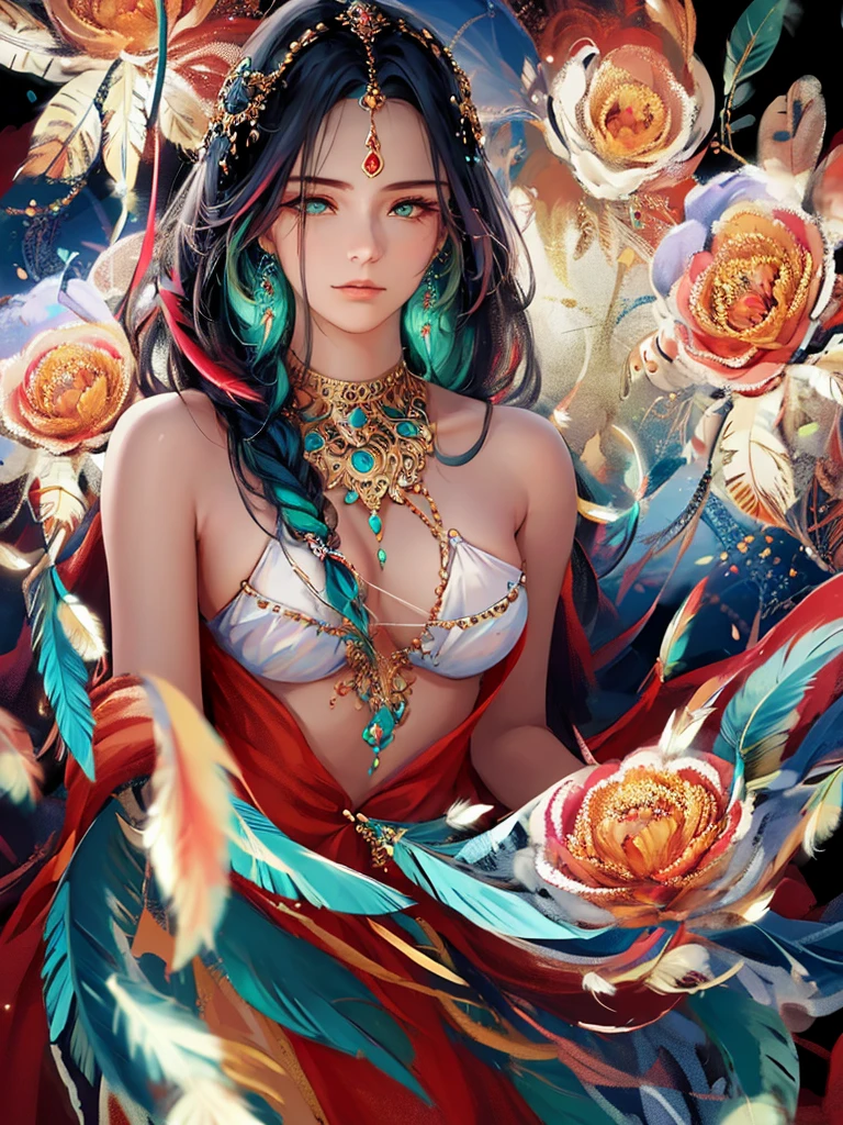 (masterpiece, top quality, Best quality, official art, beautiful and aesthetically pleasing:1.2), (1 girl, mature:1.3, got old:1.3), long hair, braid sidelocks, Extremely detailed,(fractal art:1.1),(colorful:1.4)(flowers:1.3),The most detailed,(zentangle:1.2), (dynamic pose), (abstract background:1.3), (shiny skin), (many colors:1.4),(earrings:1.4), (feathers:1.4), cowboy shot