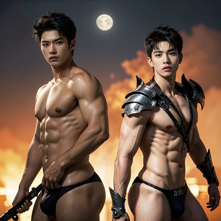 A asian boy like Mighty Archangel Michael, 19 years old, handsome, kpop idol actor, many jawline, manly chin, Full Body Shoot, (eyes contact), detailed facial parts, Manly, bare chest, bare butts, a little six packs attractive body and Quiff haircut :: high detail, is in highly detailed battle armor, super thin sexy thong, holding a detailed flaming blue sword of golden pearls, detailed fingers, a flaming sacred aura radiating from his body, stylish model pose, moon background, surreal, fantasy, magical, intricate details, depth of field. Best quality, masterpiece, ultra high resolution, (anime realism, photorealistic: 1.4), perfect composition, centered, symmetry, big juicy butts.