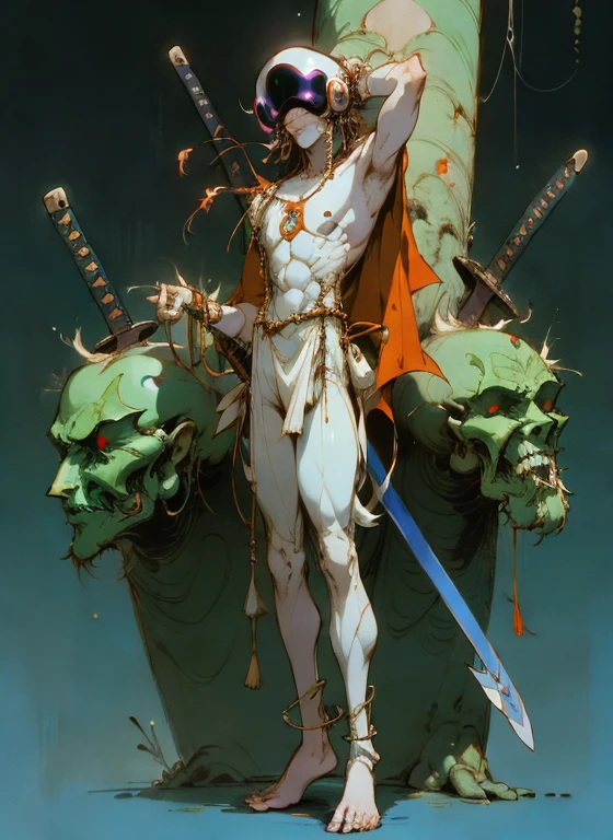 perfect proportions, anatomically correct, (head to toe: 2.0), (full body image: 2.0), solo, (Casshern: 1.6), extremely stylized, deviant art, masterpiece, highly detailed, detailed eyes, expressive detailed eyes, detailed pupils, futuristic, ((1950s scifi helmet)), ((pointy helmet)), Rubber Gloss, (flightsuit:1.4), big boots, entire body image, full body shot, nvinkpunk, professional photograph of alexander_skarsgard, tassles, large beads, (large tassels), cyberpunk, inkpunk, paint platter, ink splatter, (action pose:1.0), ((holding a sword))
