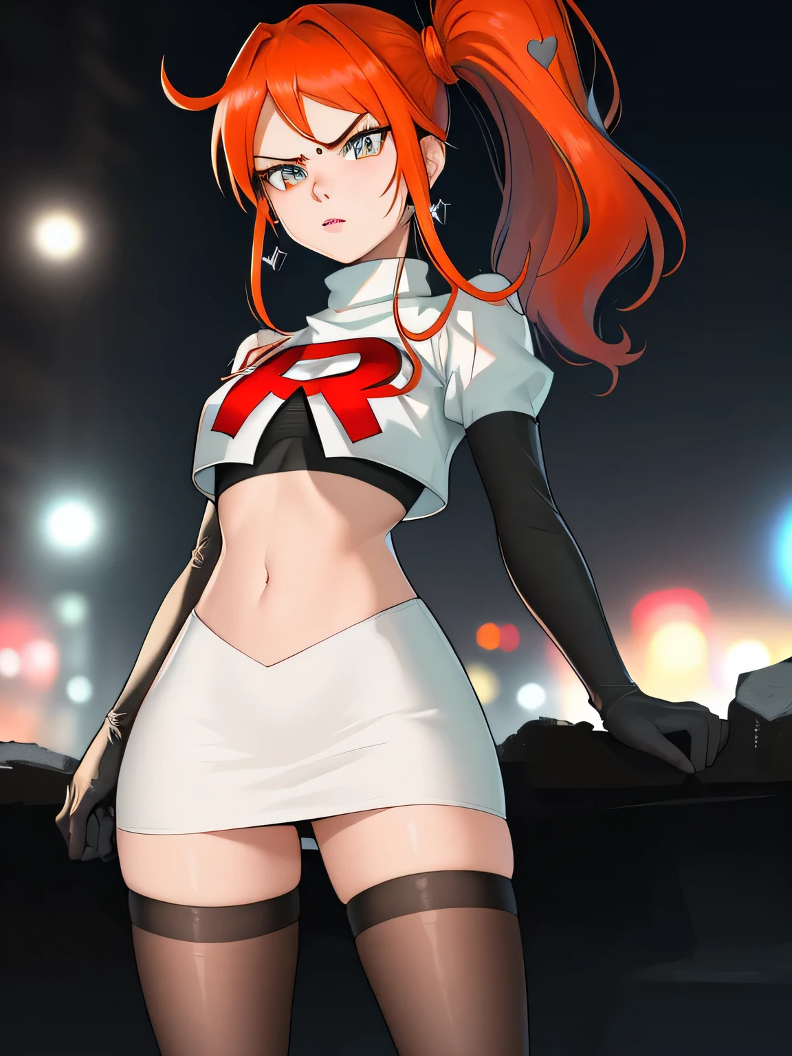 (best quality,4k,8k,highres,masterpiece:1.2),ultra-detailed,realistic,photorealistic:1.37, vibrant colors, studio lighting, bokeh, portrait,team rocket, team rocket uniform, red letter R,white skirt, white crop top, black thigh-high boots, black elbow gloves,zettai ryouiki glaring angrily,anime style, vivid colors, sharp focus, intense lighting,1girl, solo ,sonia, side ponytail,orange hair, heart hair ornaments, aqua eyes ,glossy lips, earings 