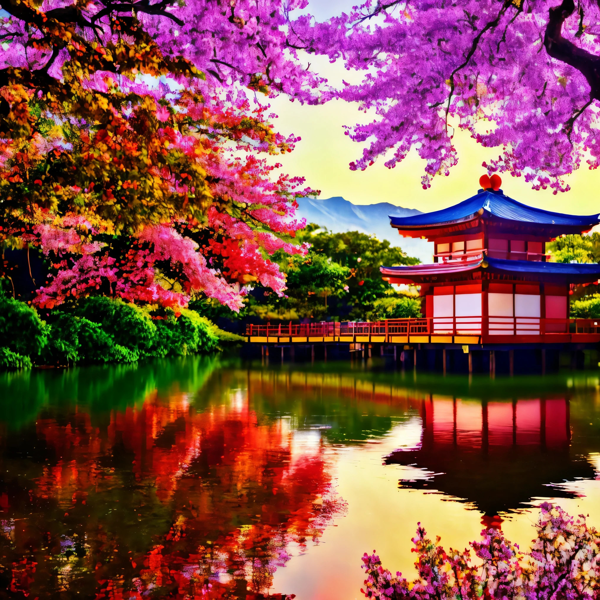 (pintura digital),(melhor qualidade), serene japanese garden, cherry blossoms in full bloom, lagoa de carpas, passarela, pagoda, Estilo de arte Ukiyo-e, Hokusai Inspiration, Deviant Art popular, 8k ultra-realista, esquema de cores pastel, soft lighting, Hora dourada, atmosfera tranquila, landscape orientation