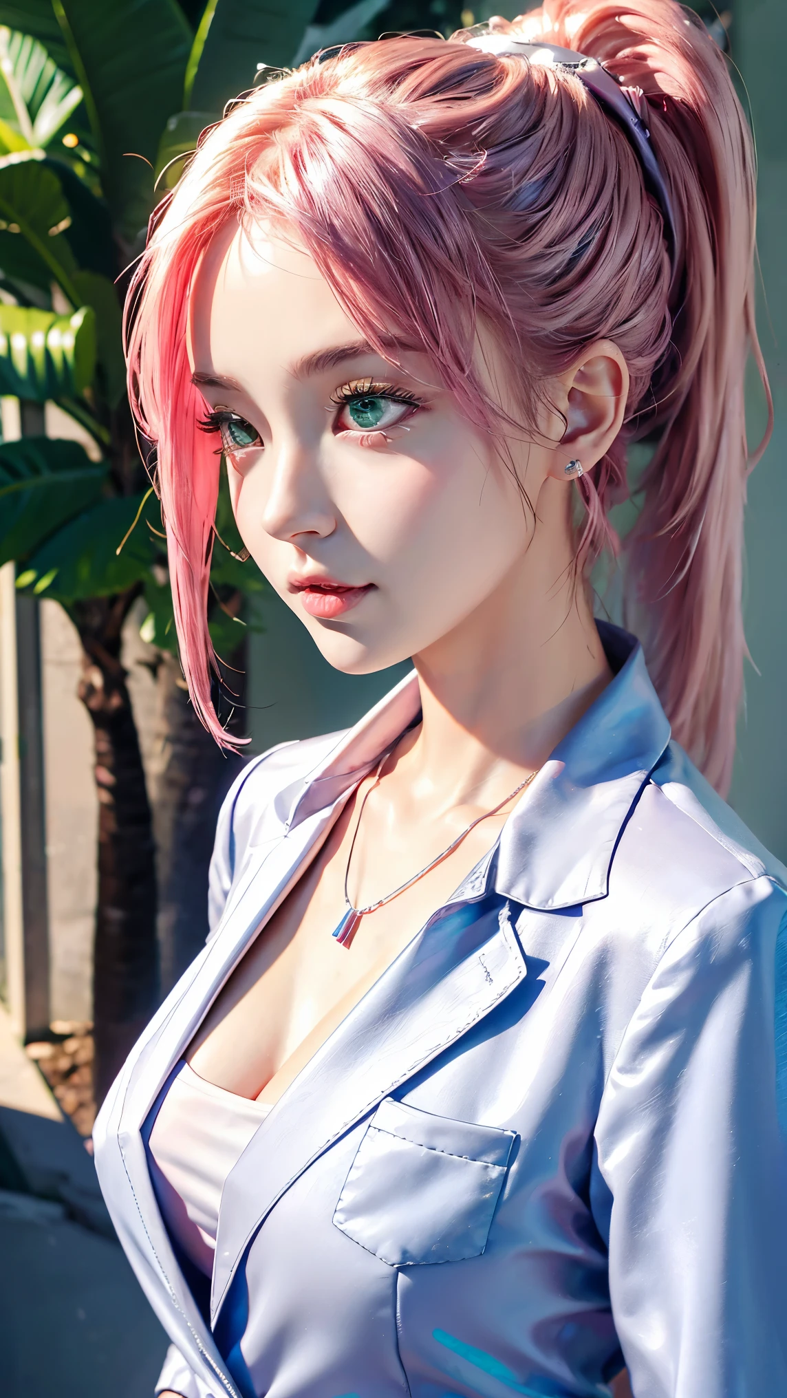 1 girl, 最high quality, masterpiece, High resolution, Pink Ponytail,Green Eyes、((Office casual suit))、(((whole body)))、Big Breasts、Cleavage, necklace(Naruto forehead protector around neck), jewelry, Beautiful Face,、I'm looking forward to, whole bodyビュー, Realistic, Outdoor, modern square, Two-tone lighting, (Skin with attention to detail: 1.2), 8K Ultra HD, Digital SLR, Soft Light, high quality, Volumetric Light, Frank, photograph, High resolution, 4K, 8k, Background Blur