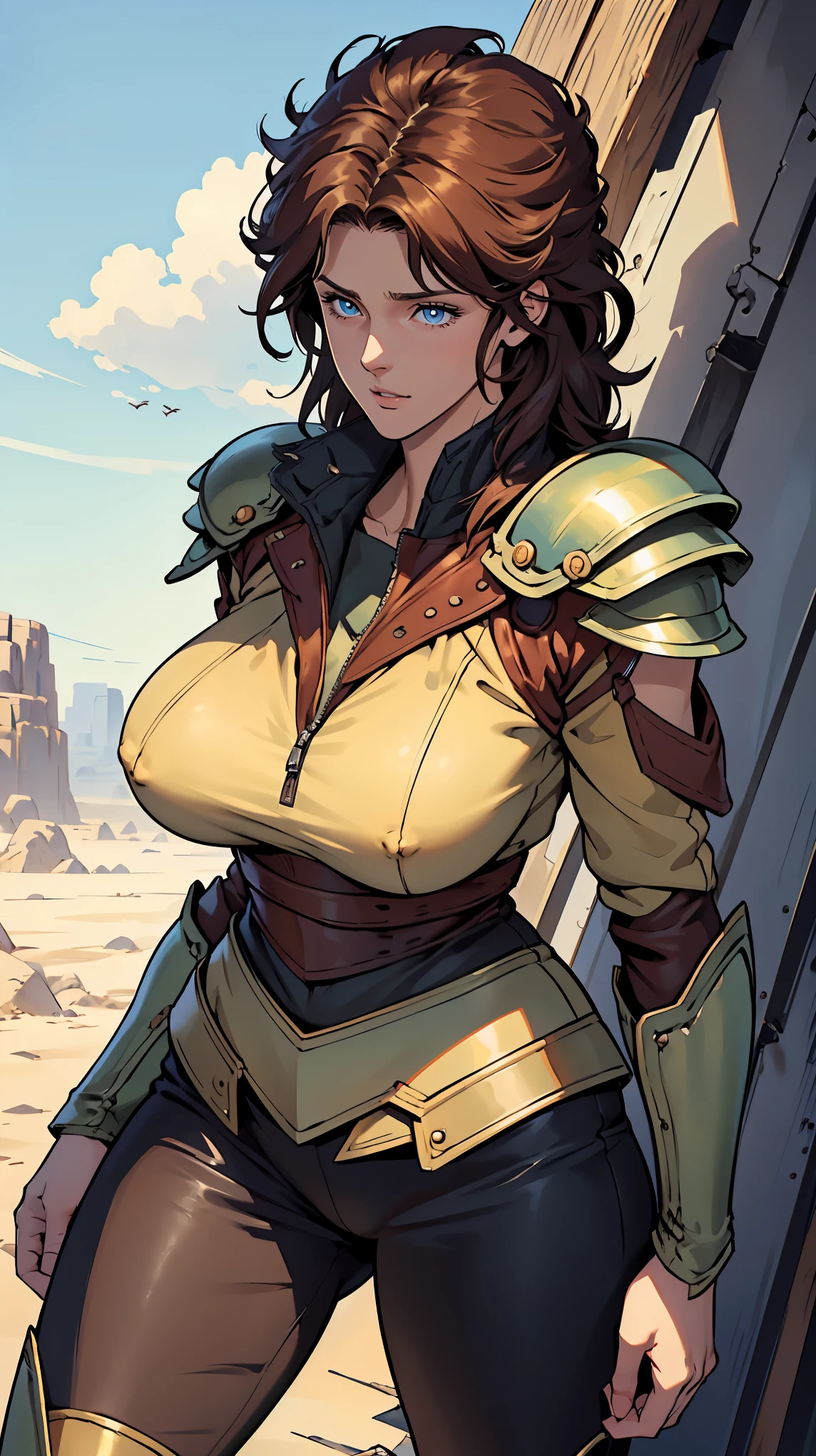 ((Masterpiece, highest quality; 1.3)), super quality, beautiful detail, super detailed, extra fine, 16K, exquisite, absurd, high resolution, beautiful background, detailed background, beautiful eyes, beautiful skin, anime style, A pose that seems fleeting, Lightly brush your hair up, mamiya, undershirt, blue eyes, brown hair, Close-up of a woman wearing brown leather clothing with shoulder pads, Muscular body details, Leg details, Fluttering Hair, Leather clothing, Leather trousers, Cameltoe, (Voluptuous huge breasts:1.3), Female Characters, Thigh close-up, Women's clothing, warrior outfit, Detailed rusted armor, A short, muscular woman, Full body details, Skin texture details, Perfectly shaded body, Skin details, desolate wasteland, sand smoke, the wind is blowing,