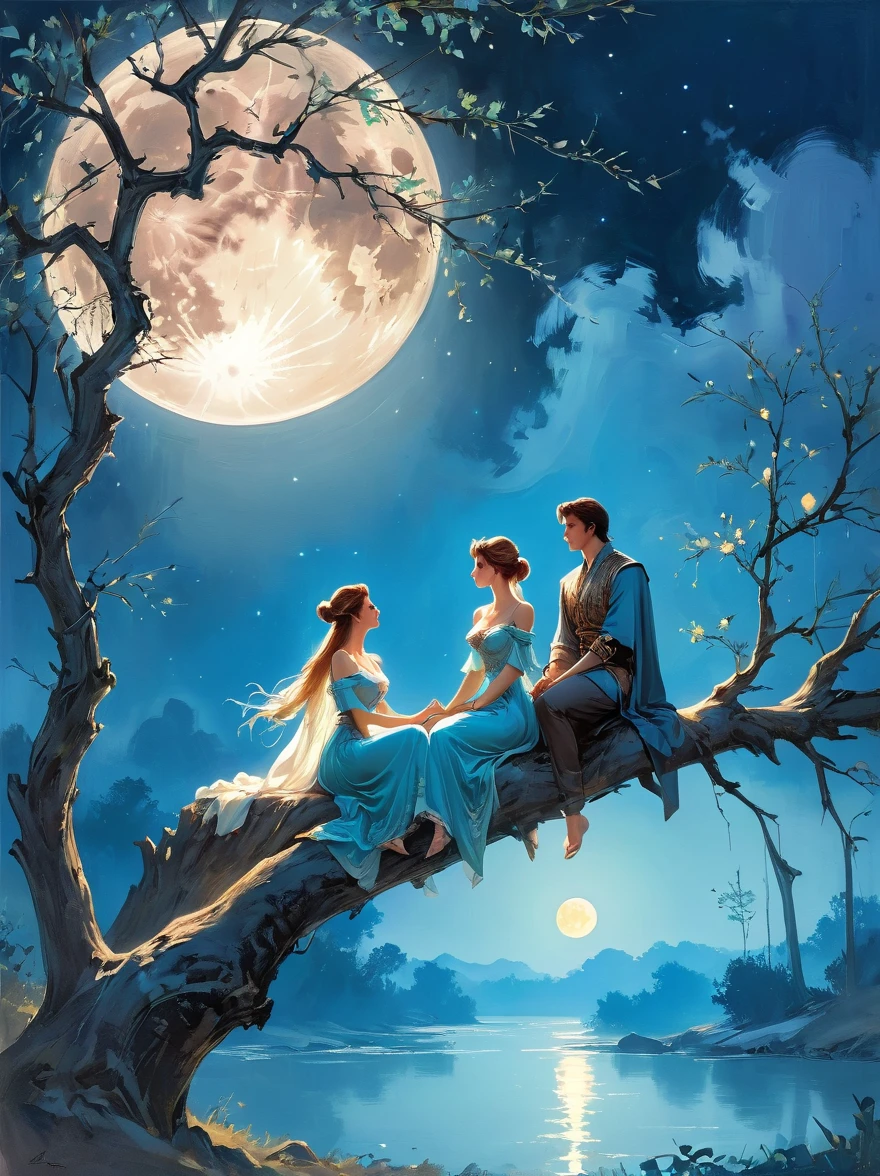 Romantic ancient style,night,Backlight,A man and a woman sitting on a tree branch,There is a big full moon behind,Alexander,Averin,Fresh colors,Soft colors,Diode light,Concept art style,Extremely complex details,Clear distinction between light and dark,Layering,Ultra HD