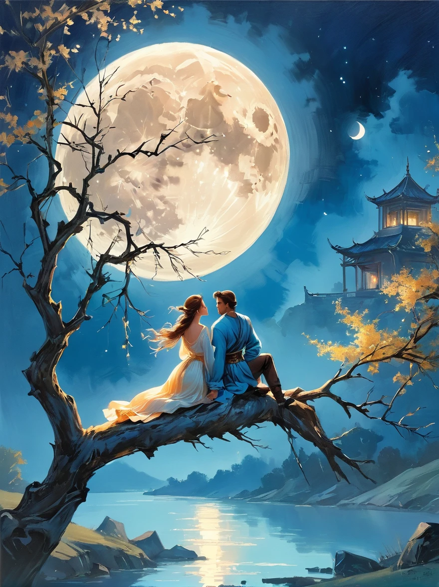 Romantic ancient style，night，Backlight，A man and a woman sitting on a tree branch，There is a big full moon behind，Alexander，Averin，Fresh colors，Soft colors，Diode light，Concept art style，Extremely complex details，Clear distinction between light and dark，Layering，Ultra HD