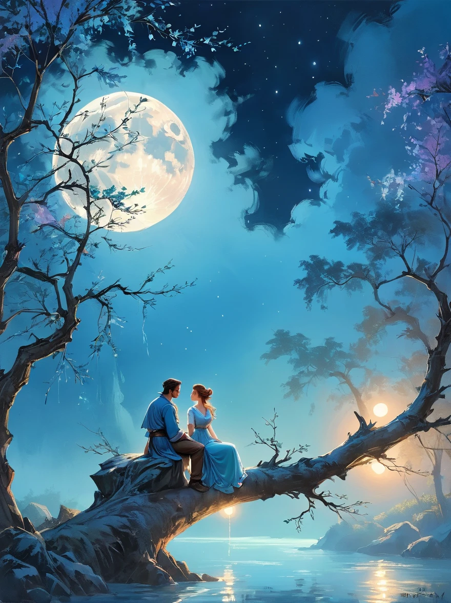 Romantic ancient style,night,Backlight,A man and a woman sitting on a tree branch,There is a big full moon behind,Alexander,Averin,Fresh colors,Soft colors,Diode light,Concept art style,Extremely complex details,Clear distinction between light and dark,Layering,Ultra HD