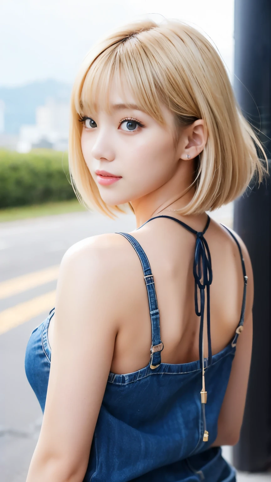 (Highest quality, 4K, 8k, High resolution, masterpiece:1.2), Very detailed, (Realistic, photoRealistic, photo-Realistic:1.37),Japanese,(Dull blonde pixie cut)woman,One Girl,sexy, (Black choker:1.0)Very large breasts,(Big Breasts:2.0) shirt、White tank top、Denim pants、Orgasm Facial、Denim jacket、sunset、face close-up、close up face