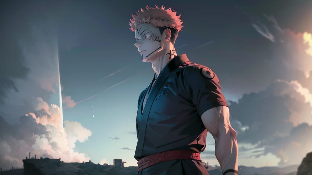 Two man adults, Ryomen Sukuna and Itadori Yuuji, Jujutsu Kaisen, tattoos and muscules in body,  pink hair, short hair, red eyes, normal eyes,  Kimono, spear,  tempest light and rain,  cinematographic and vivid paisage, destroyed place. 

 