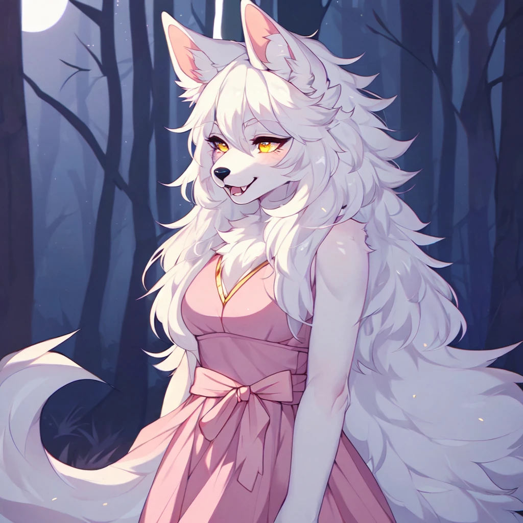 (By hyattlen, by fumiko, by claweddrip):1.1 solo:1.1, (white wolf girl), female, fluffy white ears, gold_tips_on_ears:1.1, (white_body:1.1), black nose, cute snout, fluffy white tail, gold tail tip, long white hair, curly hair, visible fangs, hyena_teeth:1.1, large sharp canine teeth, showing teeth, detailed teeth, detailed gold eyes, gentle eyes, fluffy furred chest, baby doll pink dress, fully furred body, walking through a heavily wodded forest, at night, nighttime