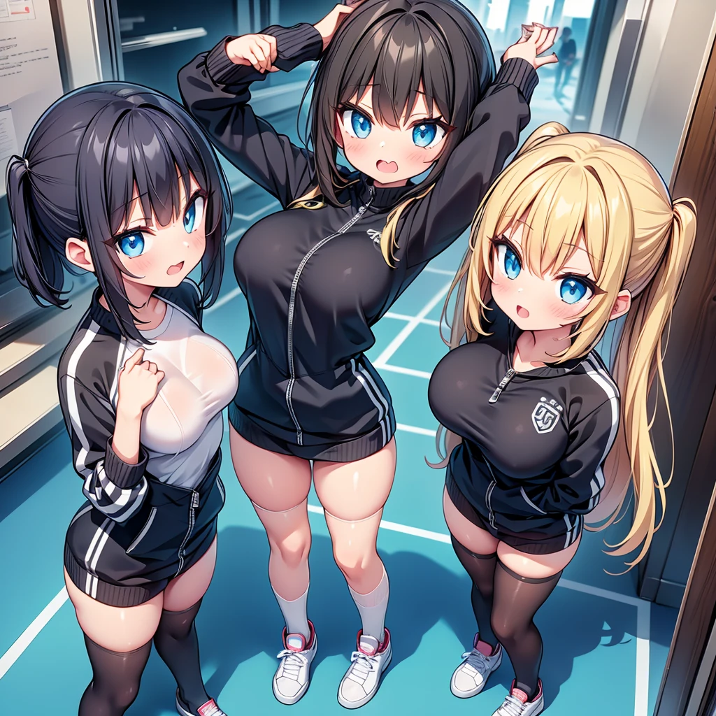 (cute eyes:1.2), (sparkling eyes:1.2), highest quality,wonderful,finely,extremely detailed CG Unity 8K wallpaper, (Stand in line:1.2), (3 girls, cute eyes, track suit, clothed), (midium breasts), (open mouth:1.1), (long tongue:1.1), (mouth drool:1.1), (black stockings:1.1),(Thighs:1.1),(Waistline:1.1)