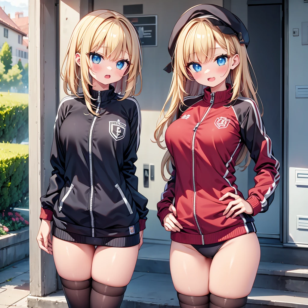 (masterpiece),(ultra-detailed), (high quality), (high resolution), (best quality:1.5, highres, UHD), highres, absurdo, ultra detail, ultra quality, Ultra resolution, 16k, 1girl, (2heads:1.5), anime girl with two heads, ((light brown hair)), ((different hair colors)), grin, (sports pants), (exposed midriff), thighs, ((action posture)), (brown turtleneck shirt), ((different hairstyles)), different haircuts, gray eyes, field