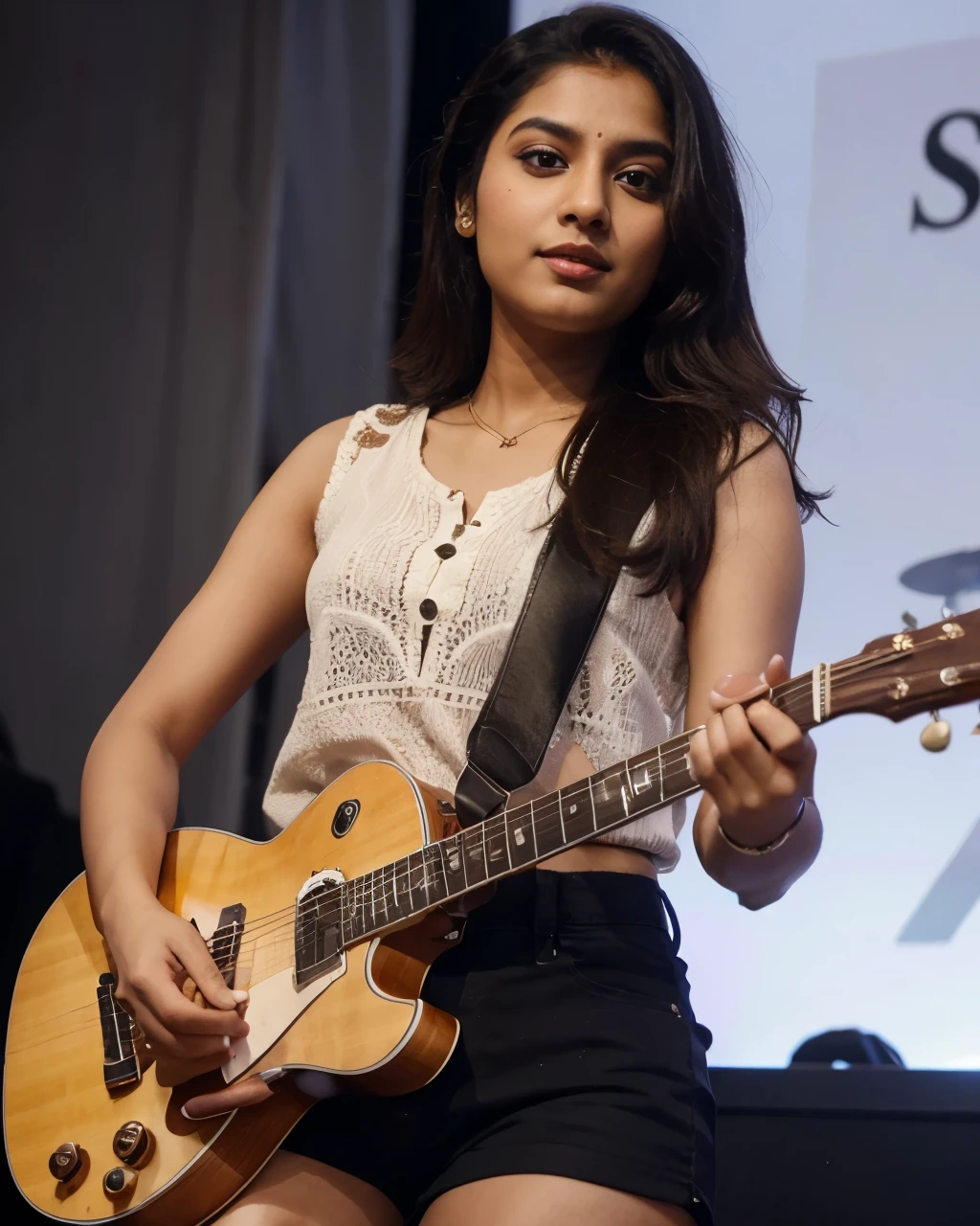 Tanvi stylishly playing a guitar on stage with minimal makeup. Best quality, realistic image.