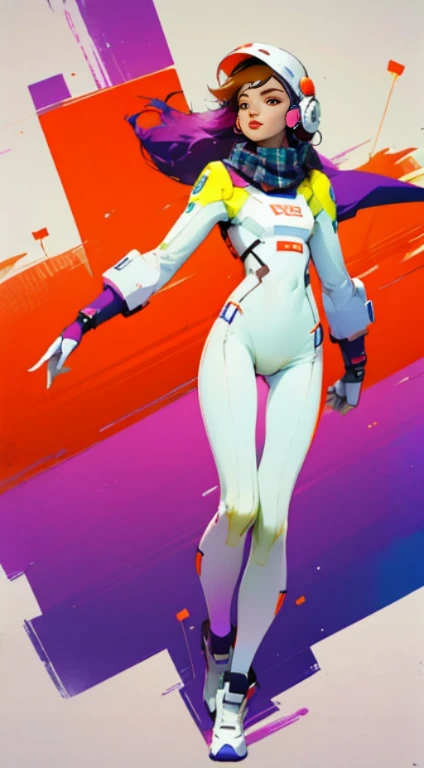 (ultra detailed,ultra high res,detailed background),((2D)),((flat color)),((muted color)),((floating neon)),1girl,solo,looking at viewer, BREAK, spray paint, graffiti, girl in a floral print space suit wearing her helmet, plush tartan scarf, full body image