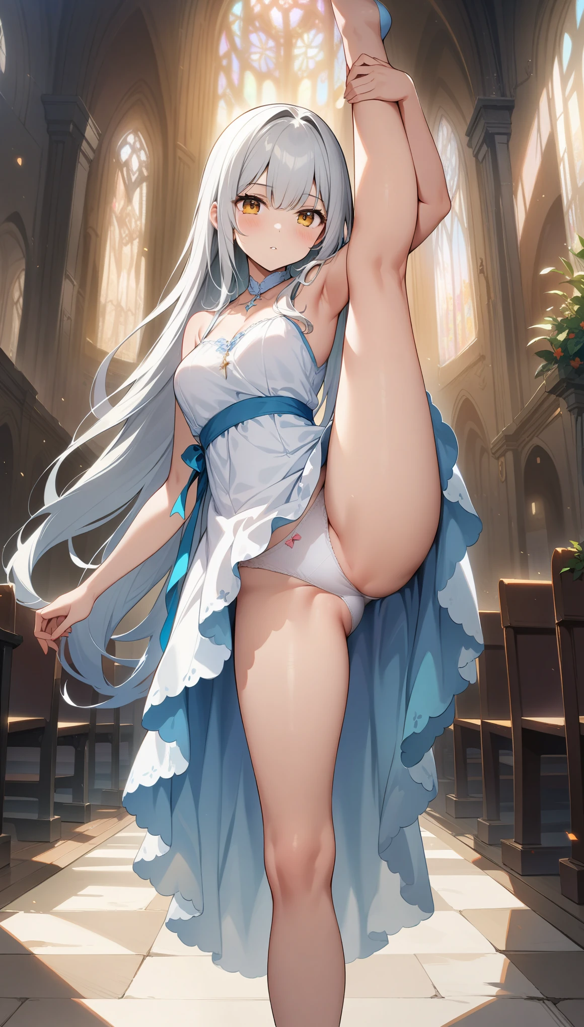 ((32k)), ((best quality)), ((ultra high res)), ((HDR)), ((UHD)), ((extremely detailed CG)), ((unity 32k wallpaper)), (masterpiece, highest quality:1.2), 1 Girl, alone, Cute Girls, Are standing_Split,  Long Hair, Beautiful white hair, Cute white dress, Cute white underwear, church, 