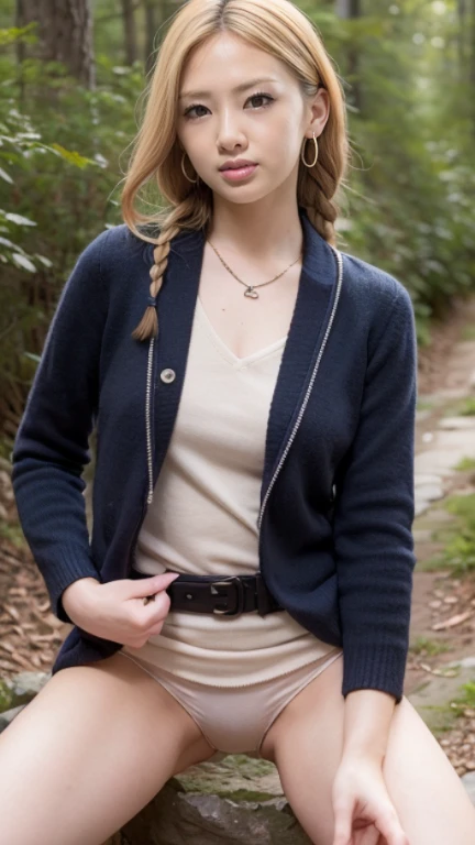 ((High-definition images, masterpiece, atmospheric perspective, 8K, Super detailed, Accurate, highest quality, single shot)), (casual style), Jacket, unbuttoned shirt, swollen areole, (round face, realistic eye size, droopy eyes, blush, smile), (((stand and spread your legs, ))), (in the forest, Mountain, rock, Narrow River, At night), blonde braid hair, small earrings, thin necklace, (light makeup),