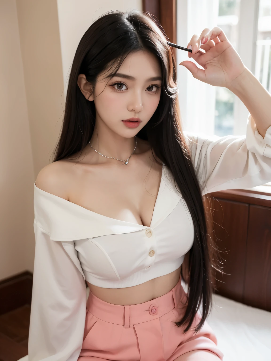A Korean woman by the sea, fluffy hair, delicate face, realistic, real, large aperture, wearing a white dress, short dress, off-the-shoulder, dress around the neck, slim, sexy,