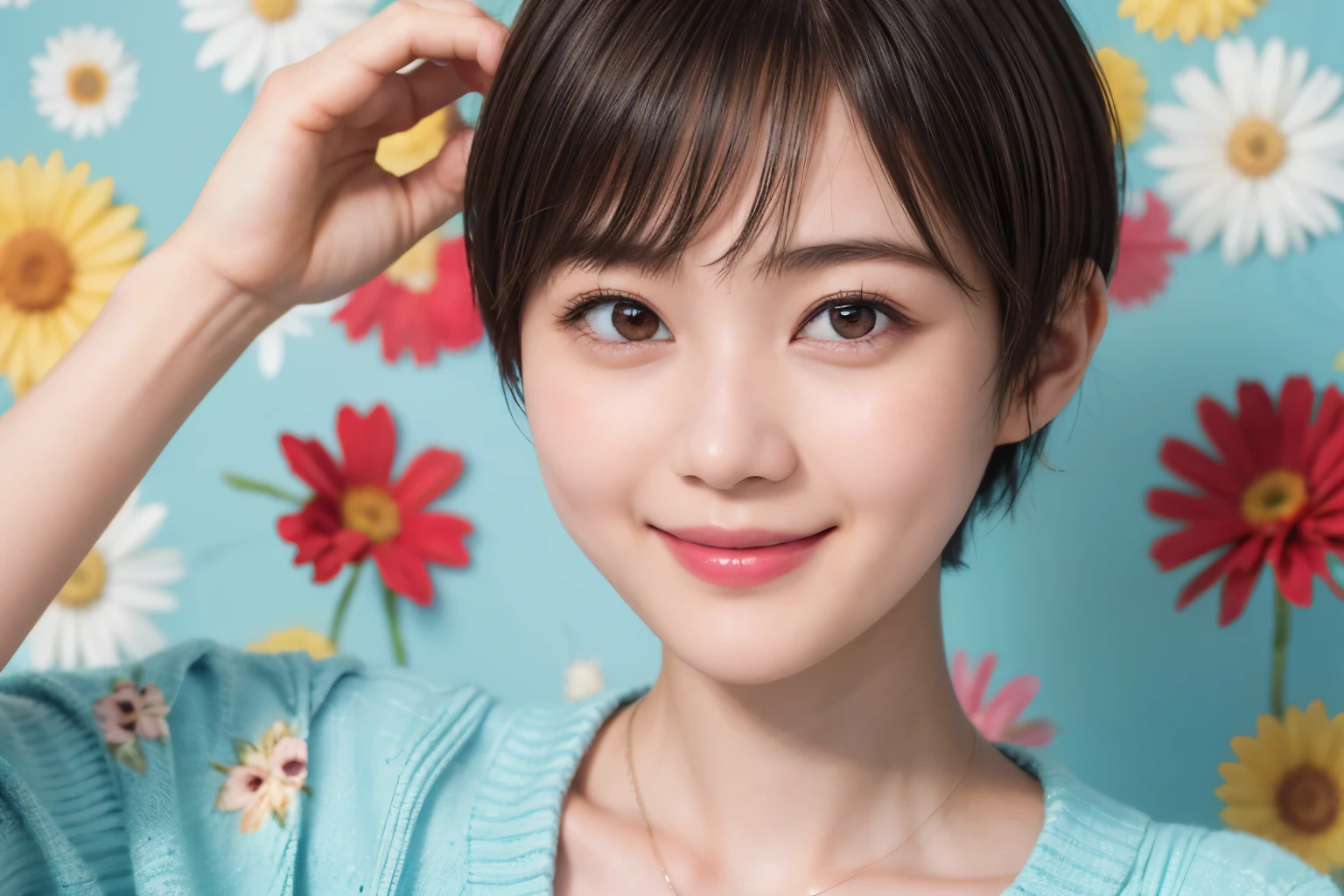 215 Short Hair, 20-year-old woman, A kind smile, Floral