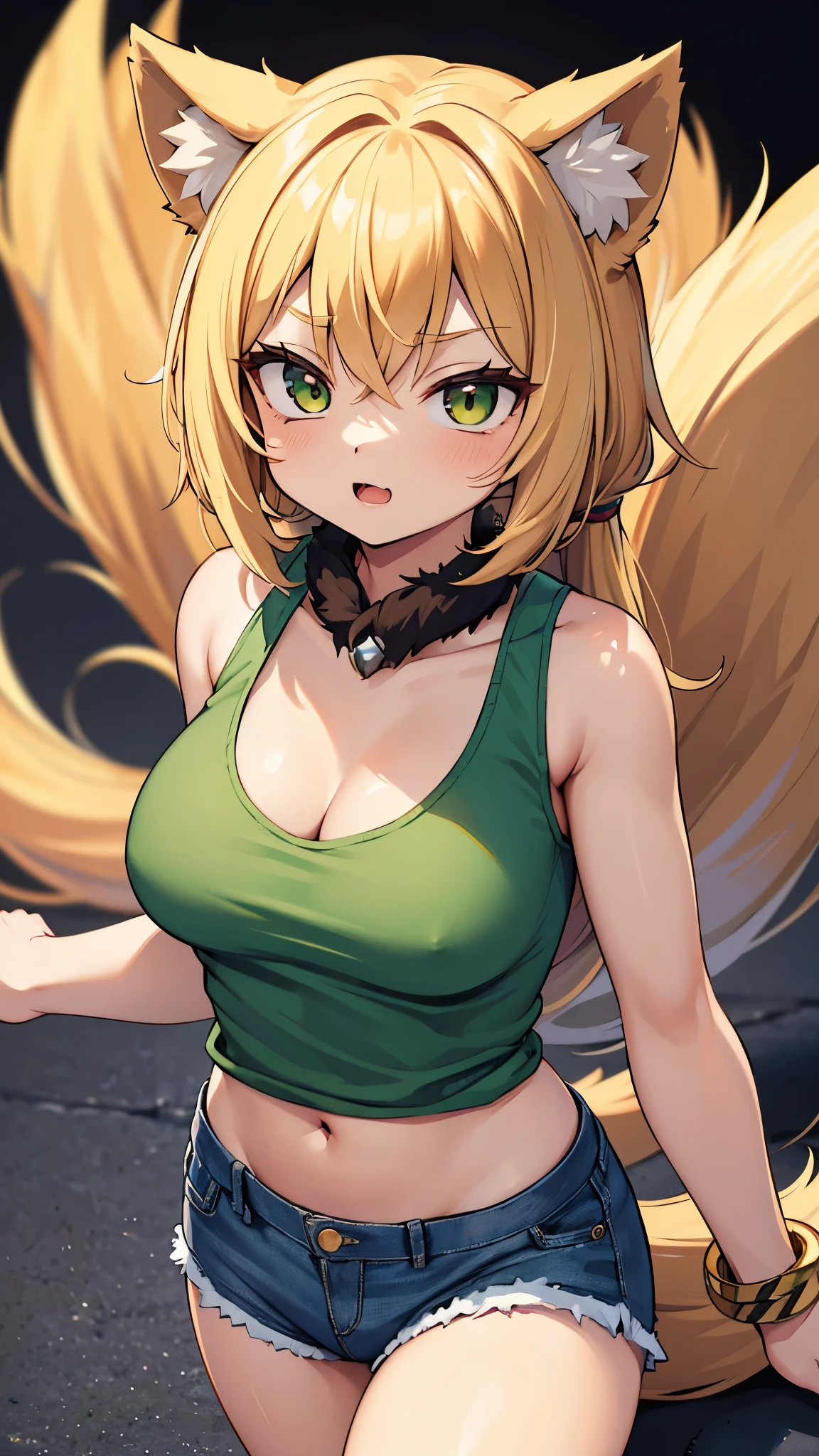 , masterpiece, highest quality, Highest Resolution, The perfect background, The perfect perspective, Clear images, perfect details, Perfect lighting, Perfect Shadow, Perfect lighting, best background,
Perfect anime style, Curry, Furry female, tail, Body hair, Multicolored fur, Blonde, Furry, Brown fur, Green tank top, chest, Denim shorts, abdomen,