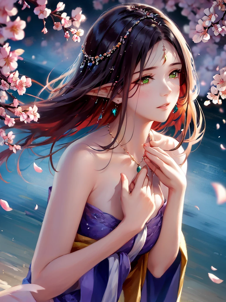 anime style, super fine illustration, highly detailed, dynamic angle, beautiful detailed, 8k, On a spring night, the cherry trees illuminated by the city lights are quietly shining. BREAK A woman stands still, captivated by the beautiful scene, watching the cherry blossoms flutter down. BREAK Her expression tells of her heartfelt admiration for the arrival of spring and the beauty of the cherry blossoms. very good illustration, High detail, dynamic angle, beautiful detailing,2D, (Best quality, masterpiece, Beauty, tenderness), Anime, Highly detailed face, very detailed eyes, very detailed background, Ideal lighting, Whole body, 1 girl, One, (Very detailed fluffy ears ), Finely detailed eyes, Red hair, green eyes